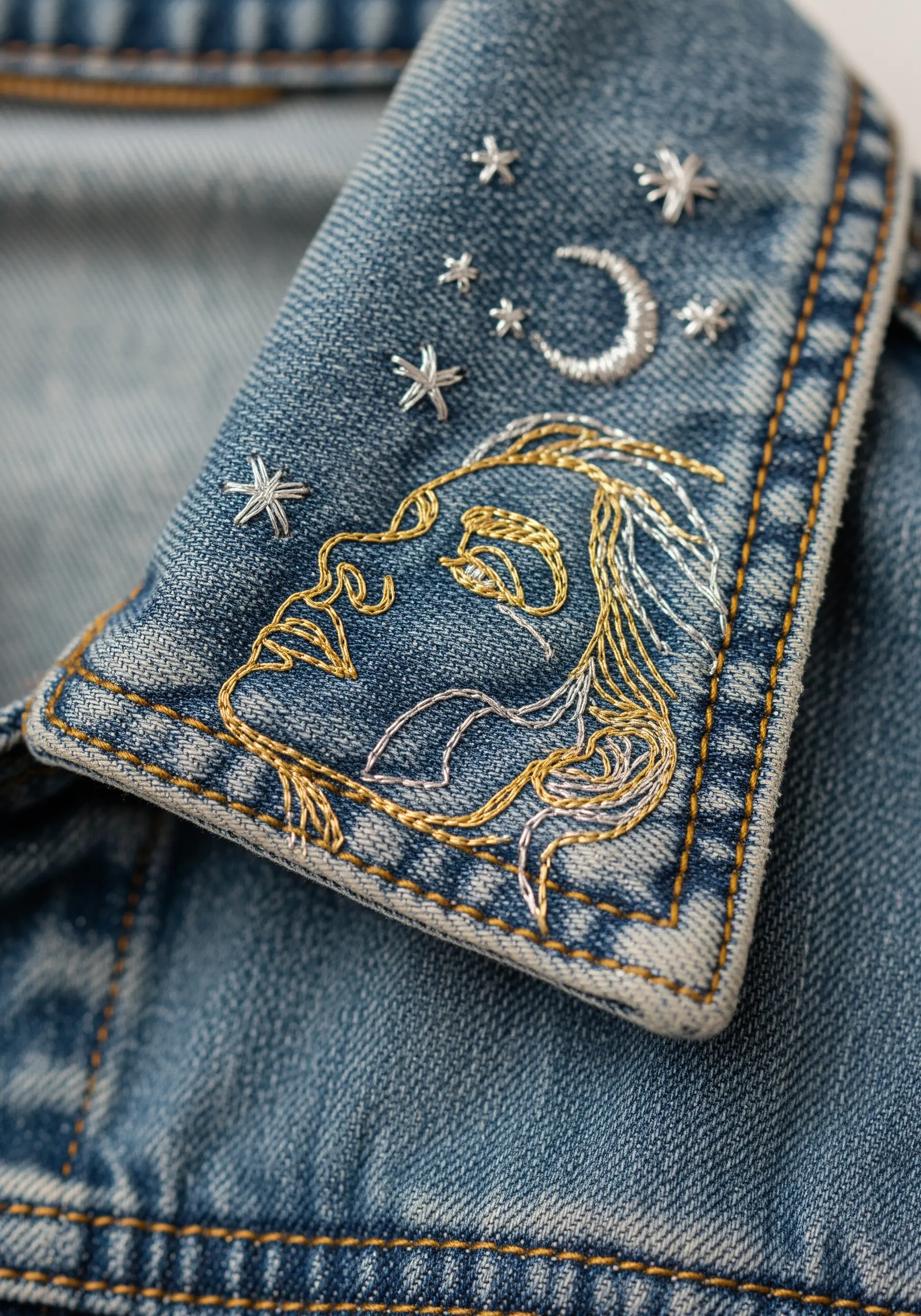 Gold and silver metallic thread embroidery of a face and stars on a denim jacket collar.