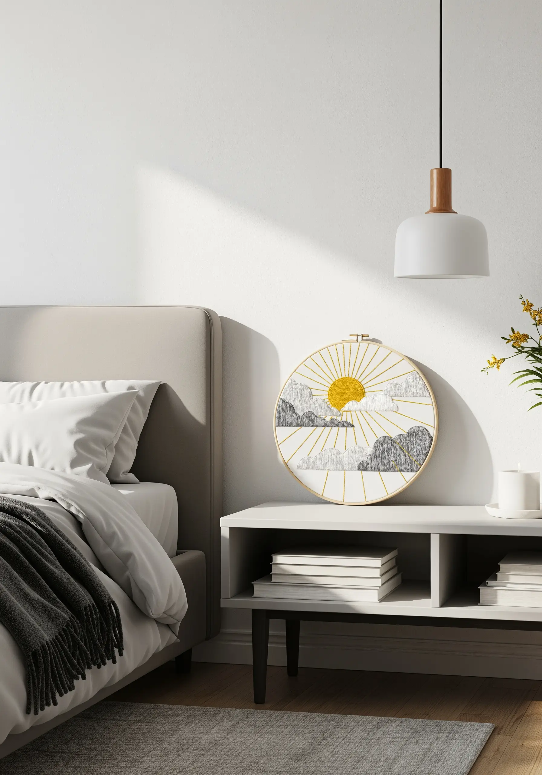 Minimalist embroidery of a yellow sun with graphic rays behind grey clouds.