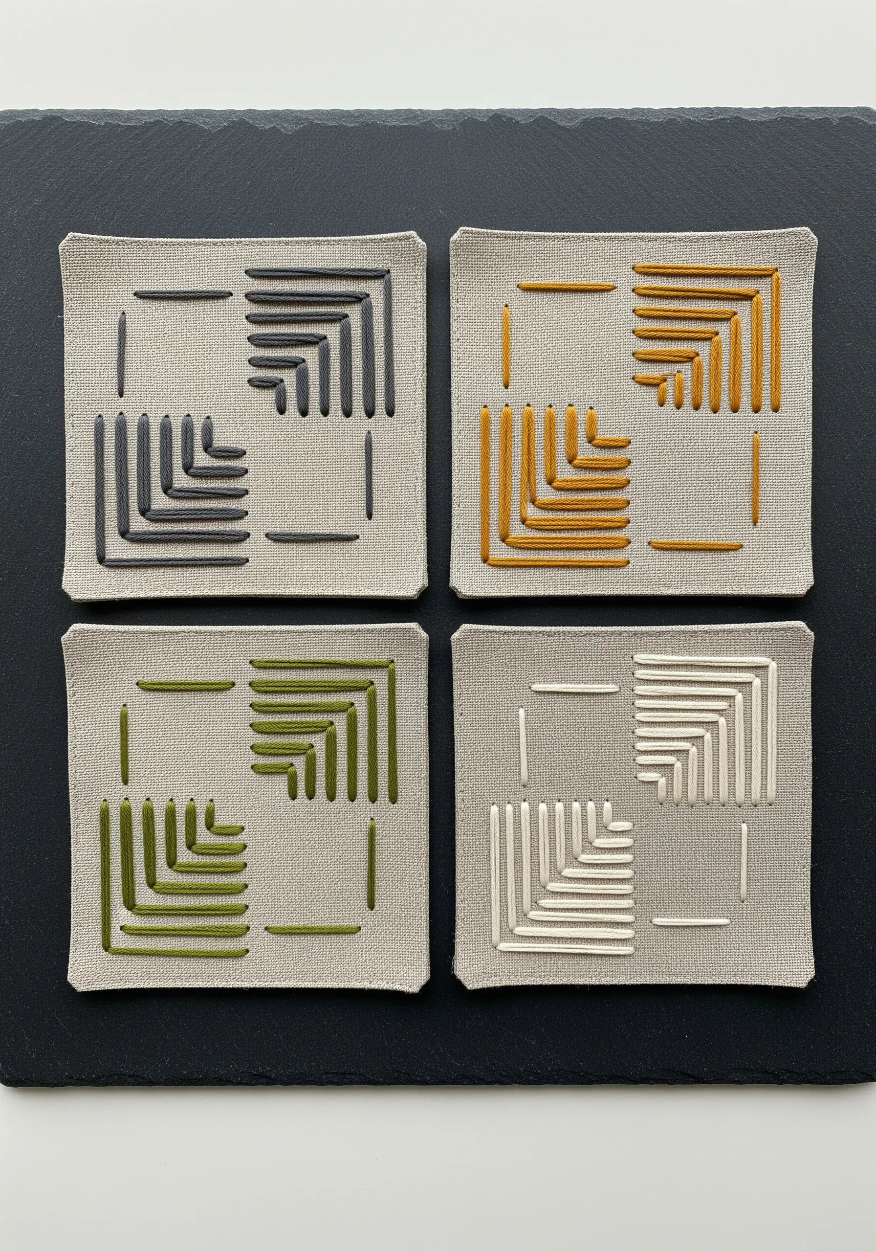 Four embroidered coasters with geometric satin stitch patterns in muted colors.