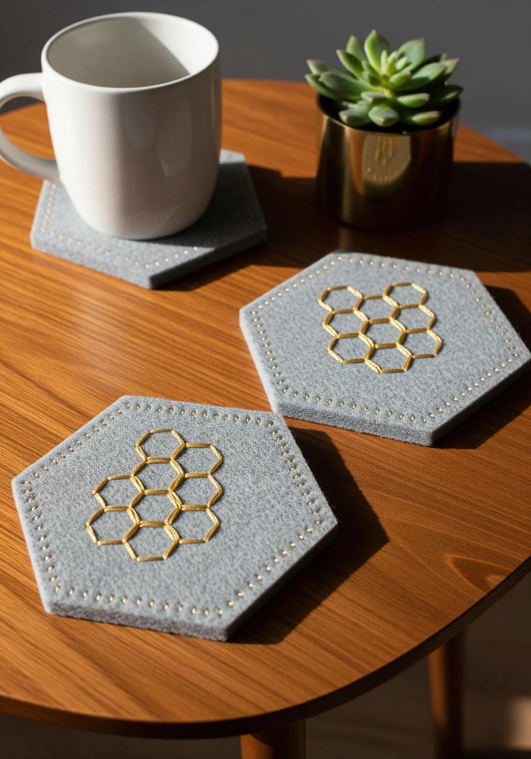 Hexagonal felt coasters with gold honeycomb embroidery and a dotted border stitch.