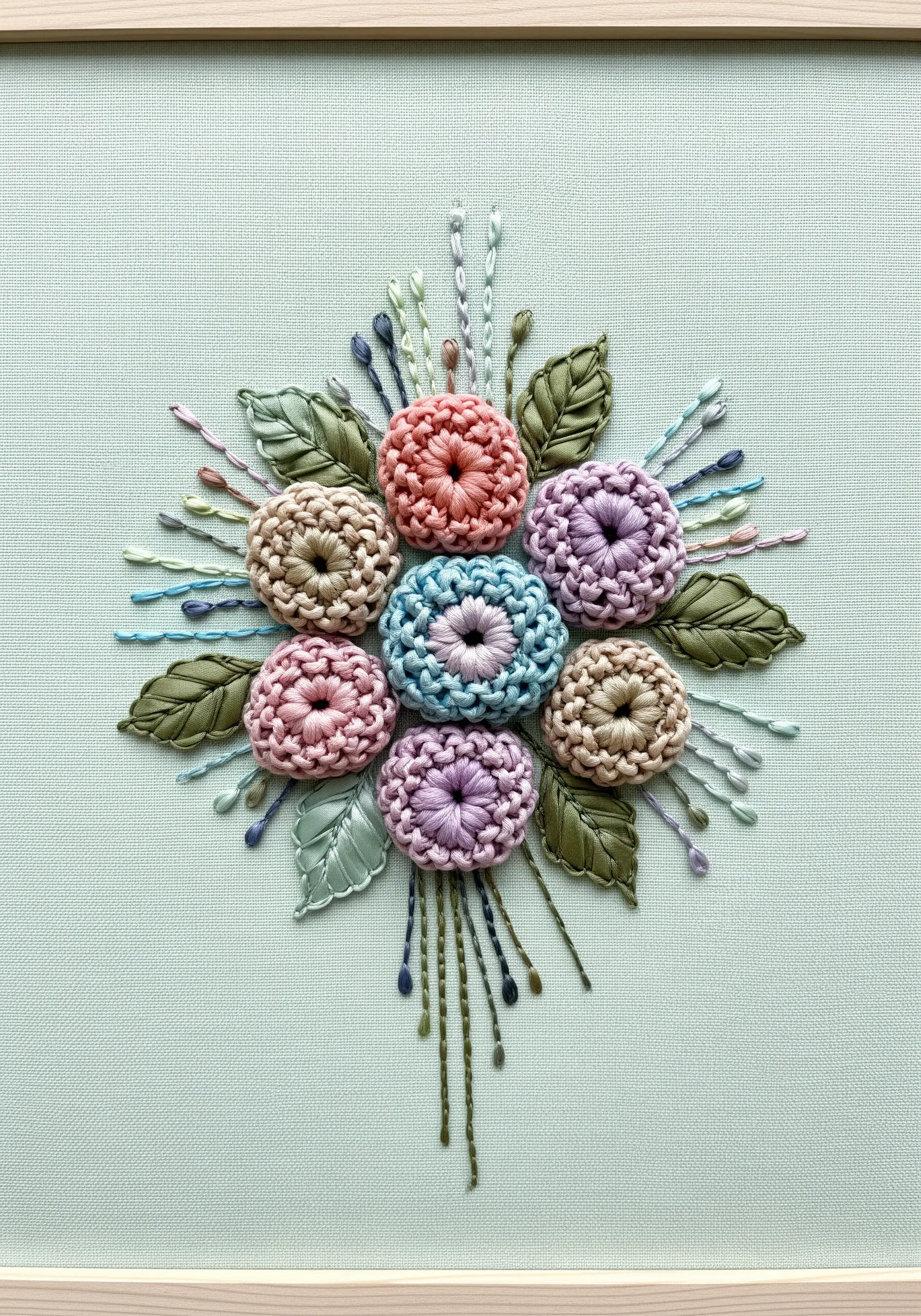 A bouquet of highly dimensional woven wheel stitch flowers in pastel colors with silk ribbon leaves.
