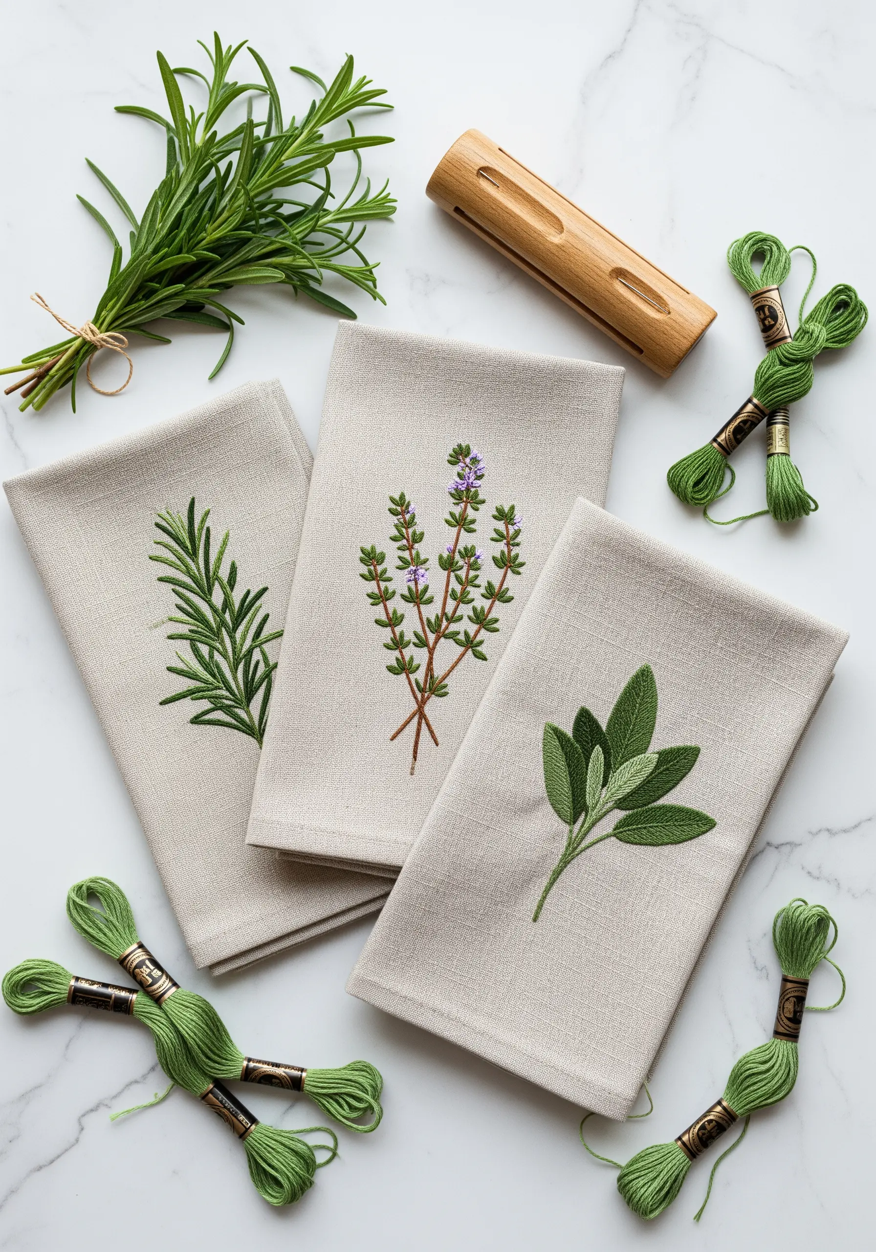 Embroidered tea towels with realistic motifs of rosemary, thyme, and sage