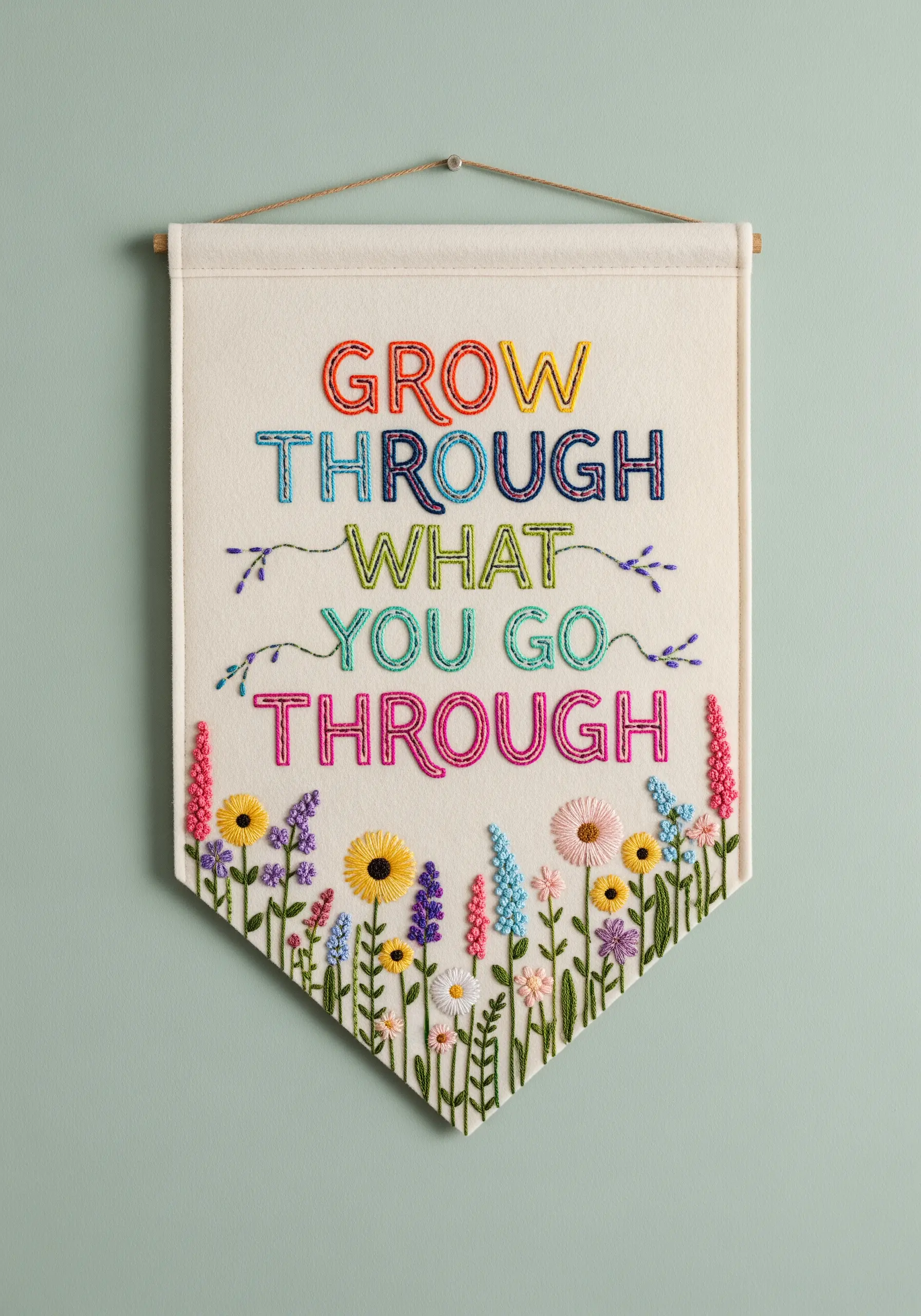 A felt banner with an embroidered quote and a garden of colorful, textured flowers.