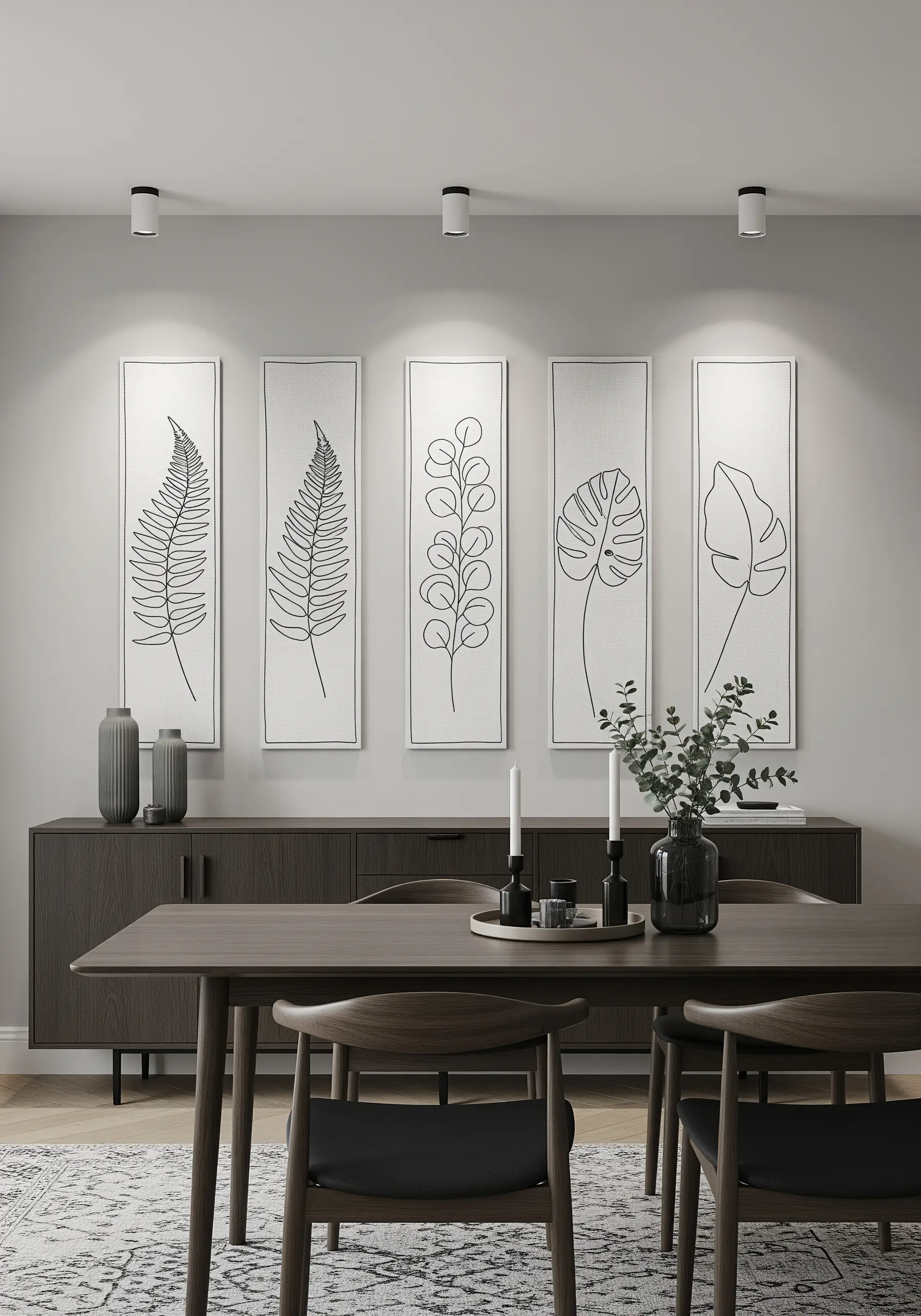 A series of five vertical panels with minimalist black line art of different leaves.