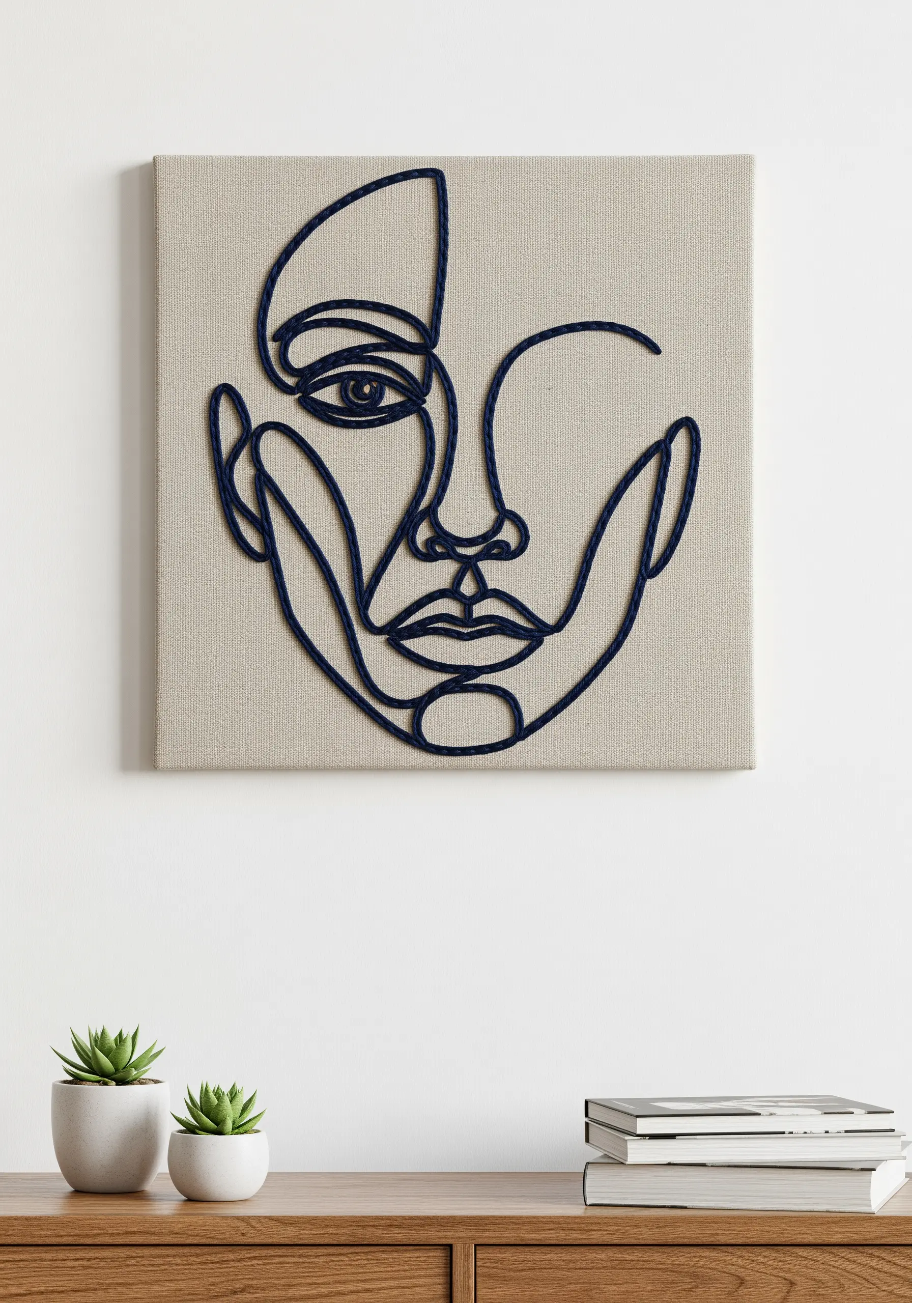 Thick navy blue yarn couched onto a neutral canvas to create a line-art face.