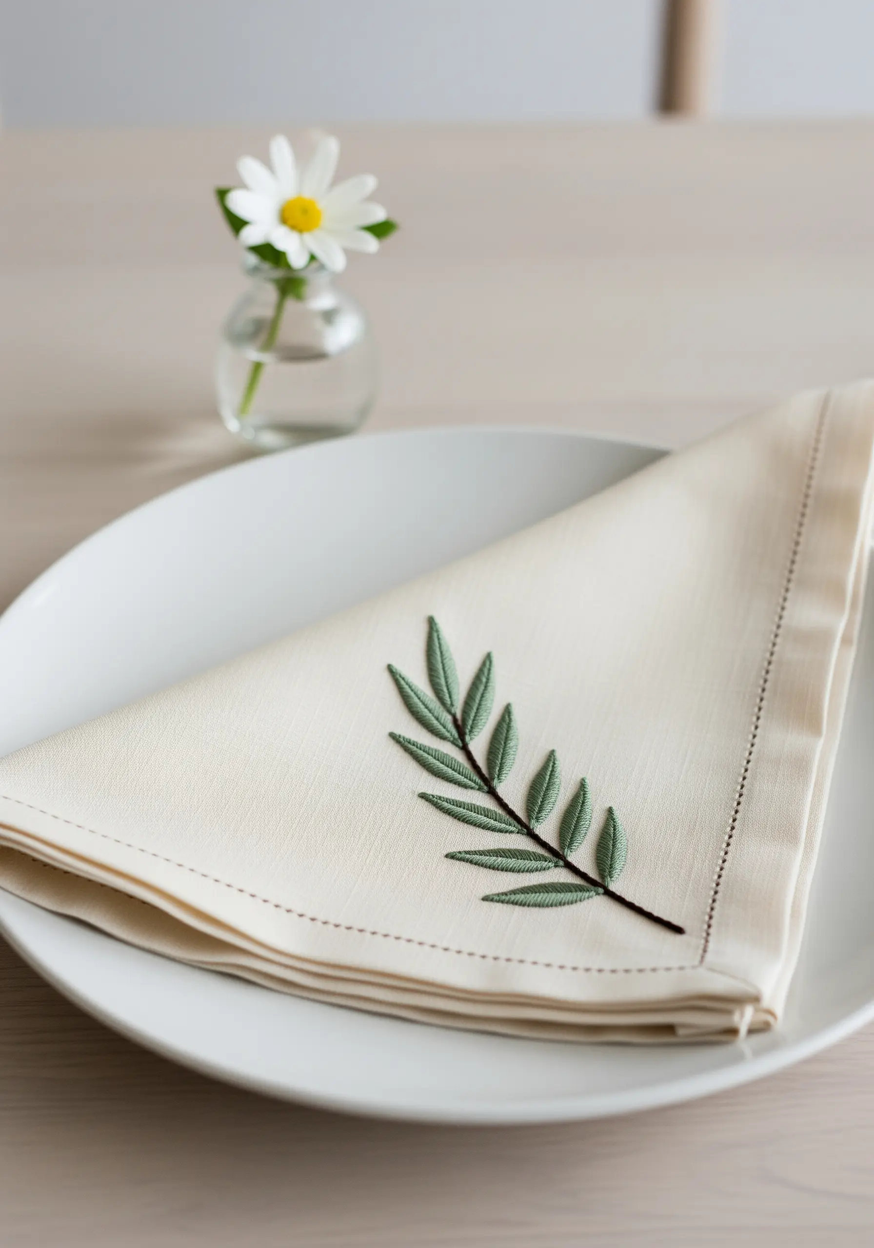 A single embroidered olive branch with delicate green leaves on a folded cream linen napkin.