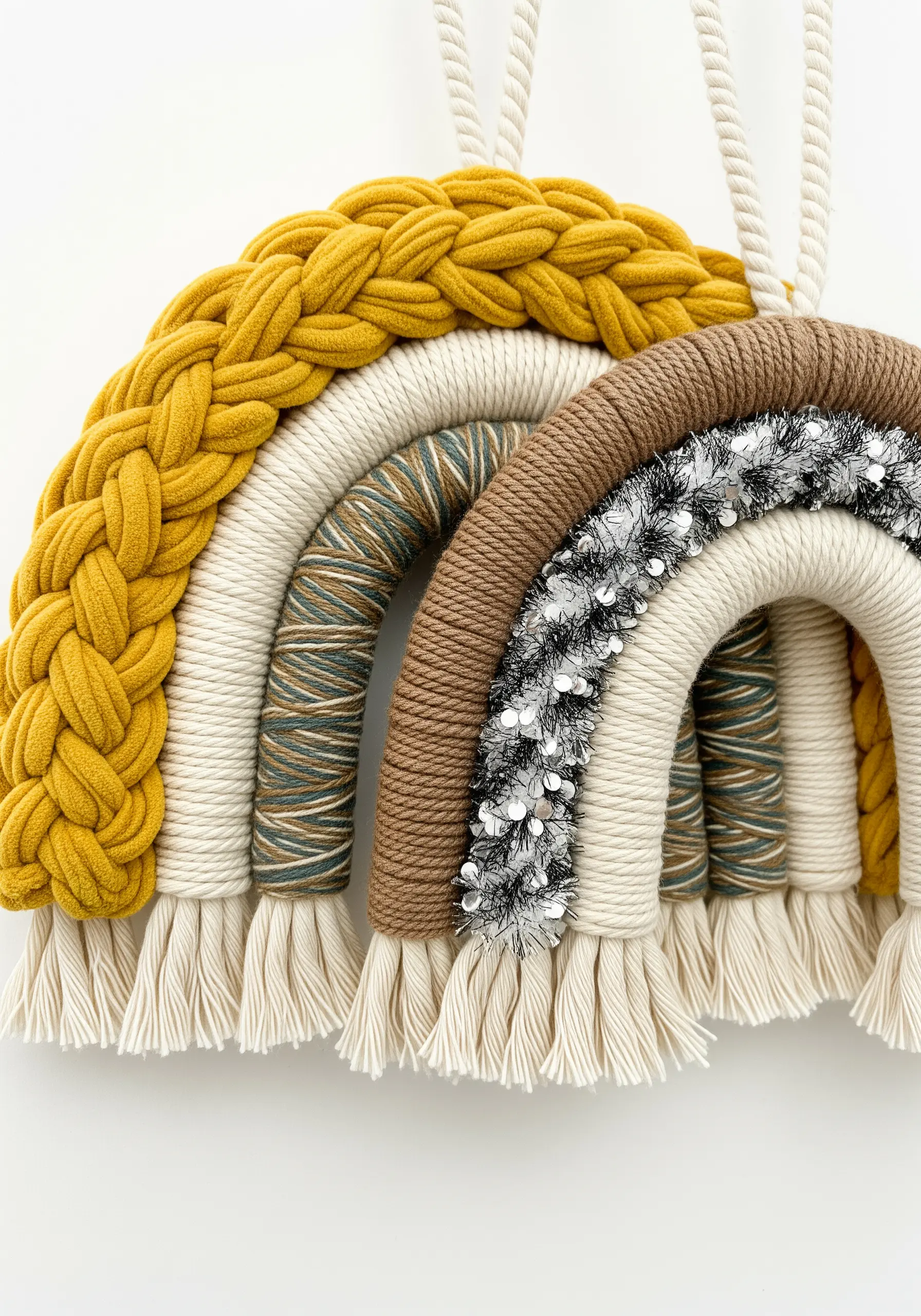 A macrame rainbow wall hanging with textured arches in mustard, brown, and sparkly silver.