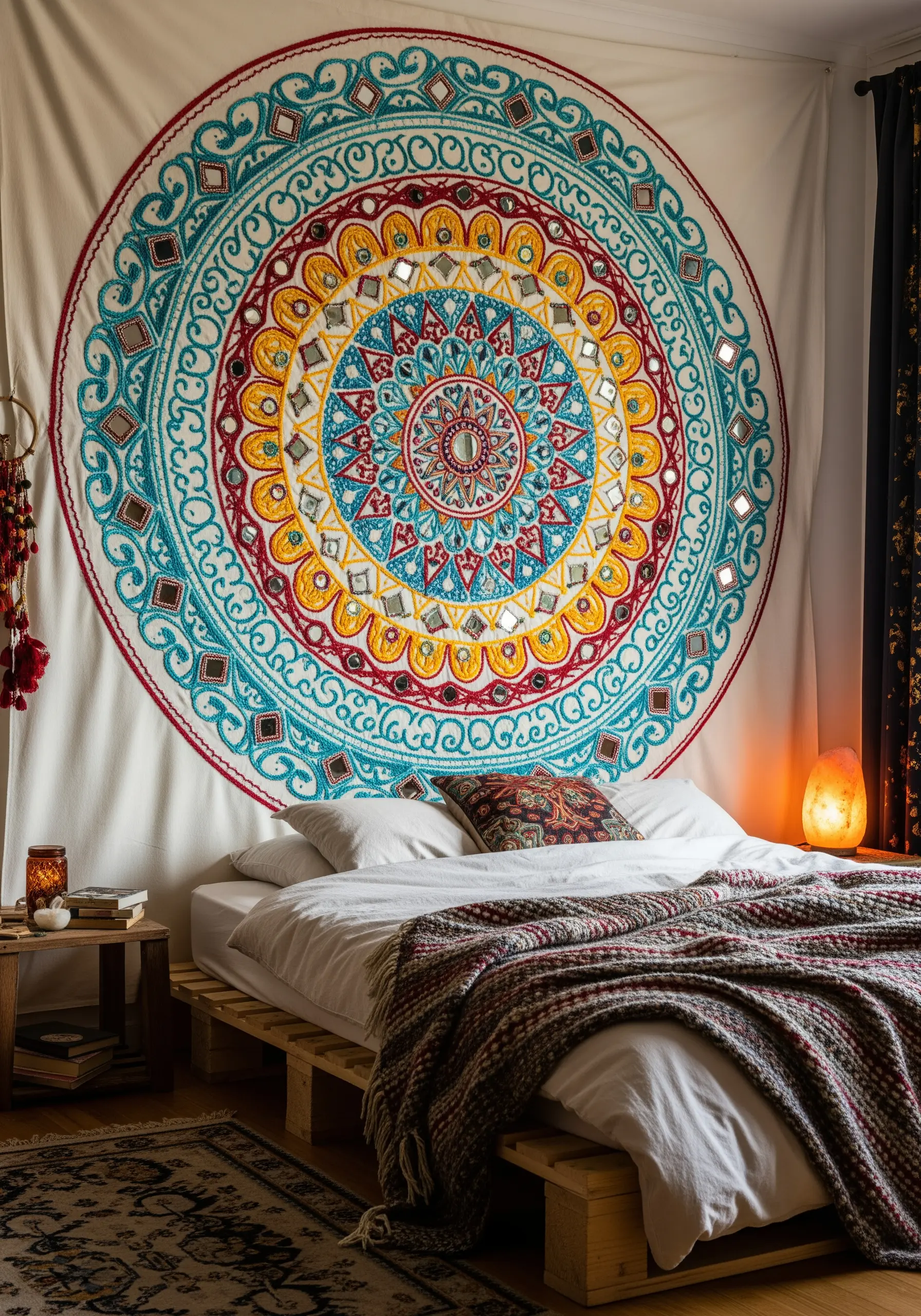 A large, colorful embroidered mandala tapestry with small mirrors hanging above a low bed.