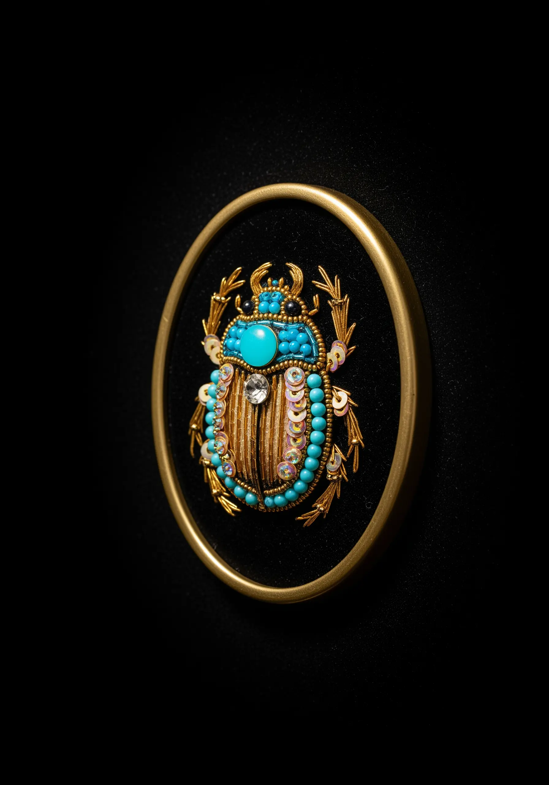 An ornate beaded scarab beetle with turquoise and gold details, framed in an oval hoop.