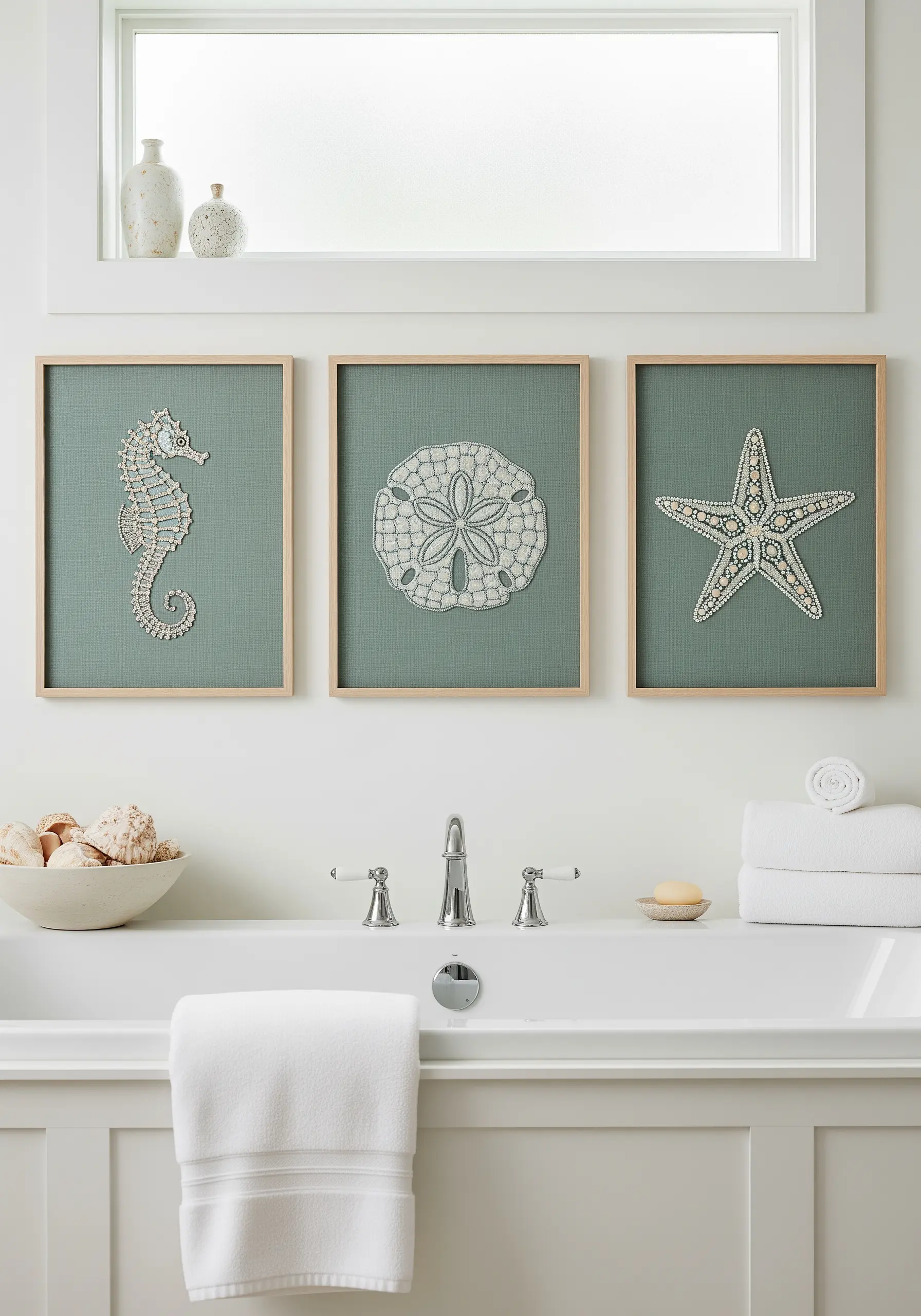 Beaded embroidery of a seahorse, sand dollar, and starfish on green linen.