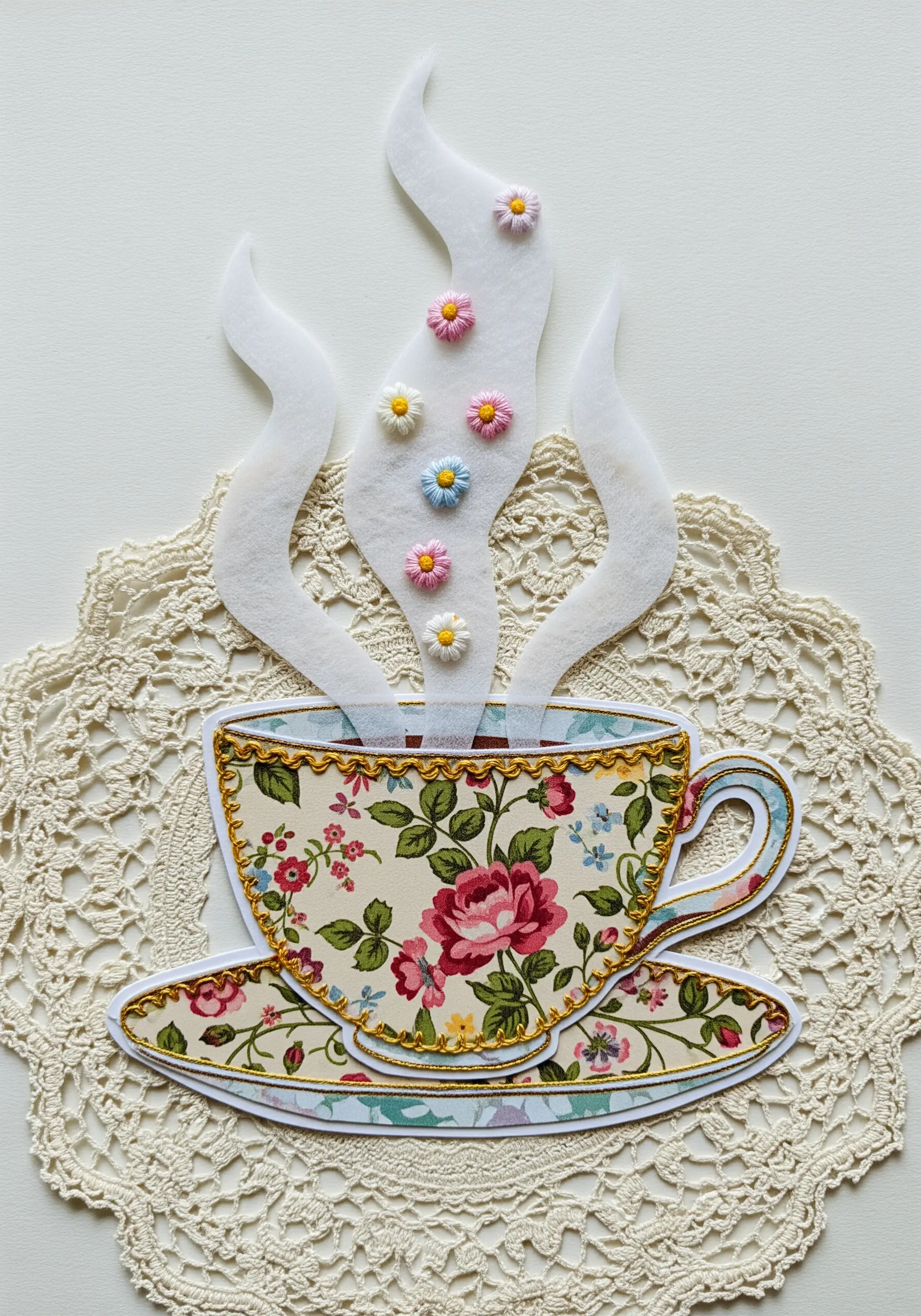 A paper collage of a teacup, outlined with gold thread, with tiny embroidered flowers in the steam.