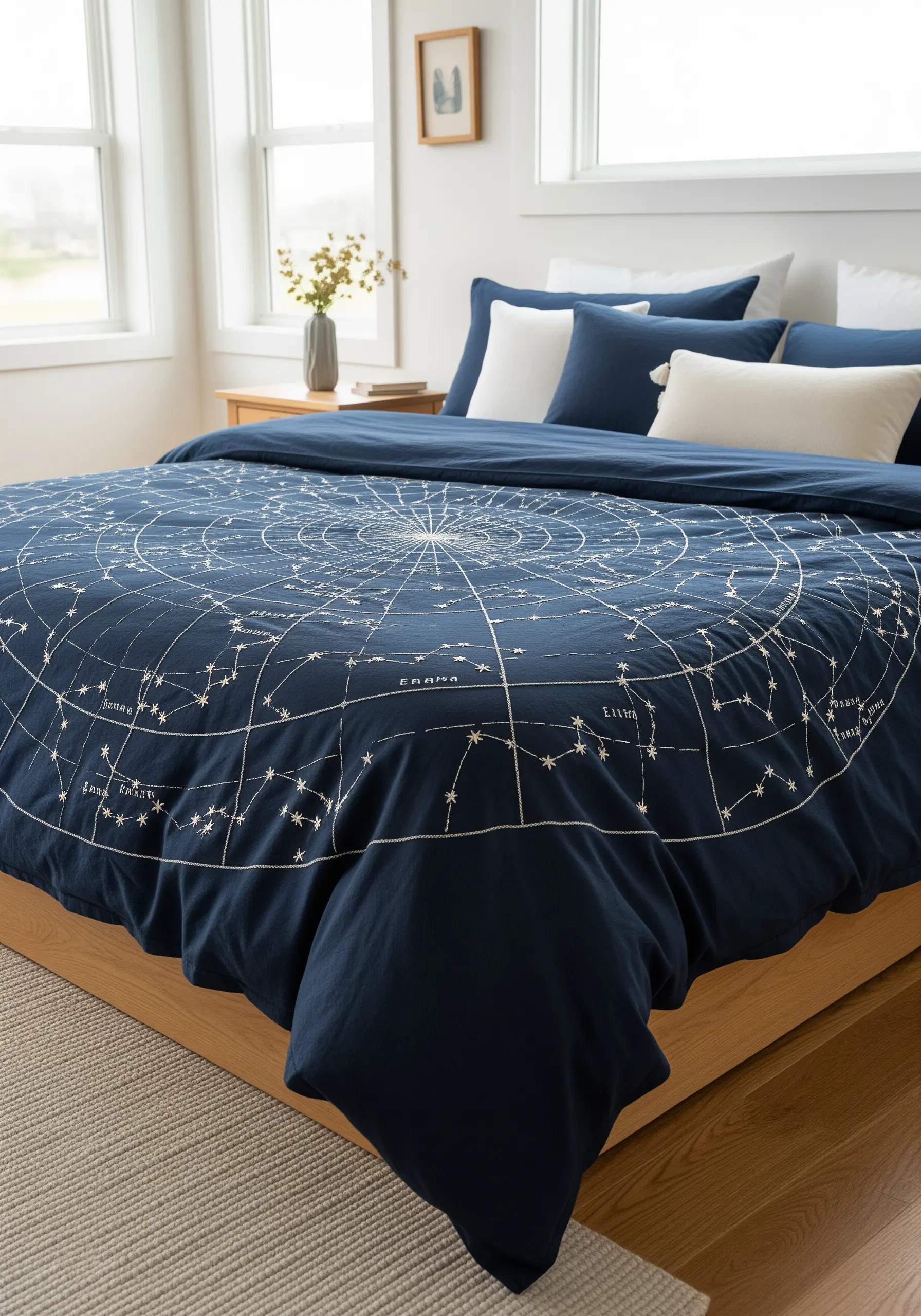 A navy blue duvet cover with a printed star map, ready for embroidery embellishment.