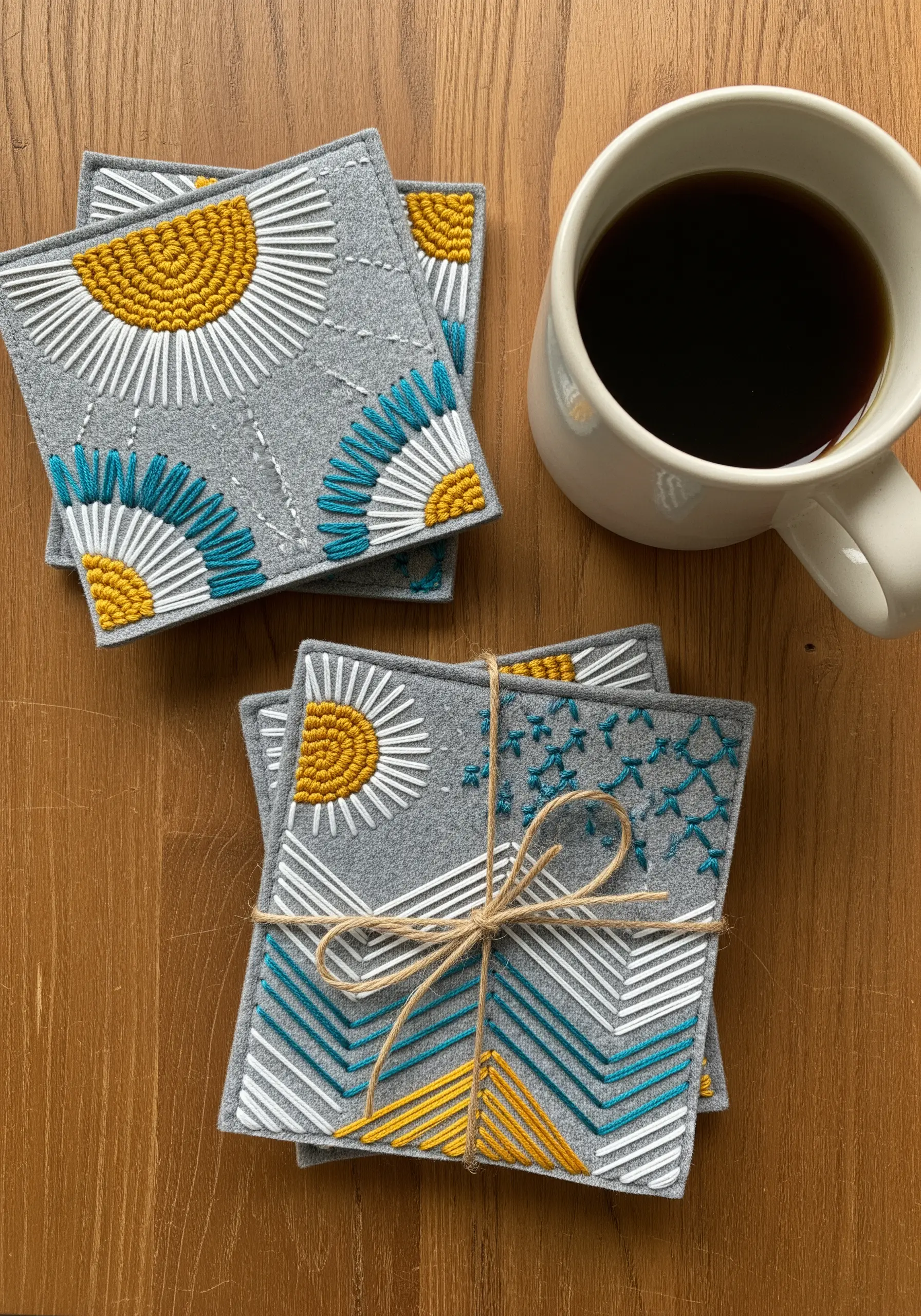 Gray felt coasters with modern geometric embroidery in yellow, teal, and white.
