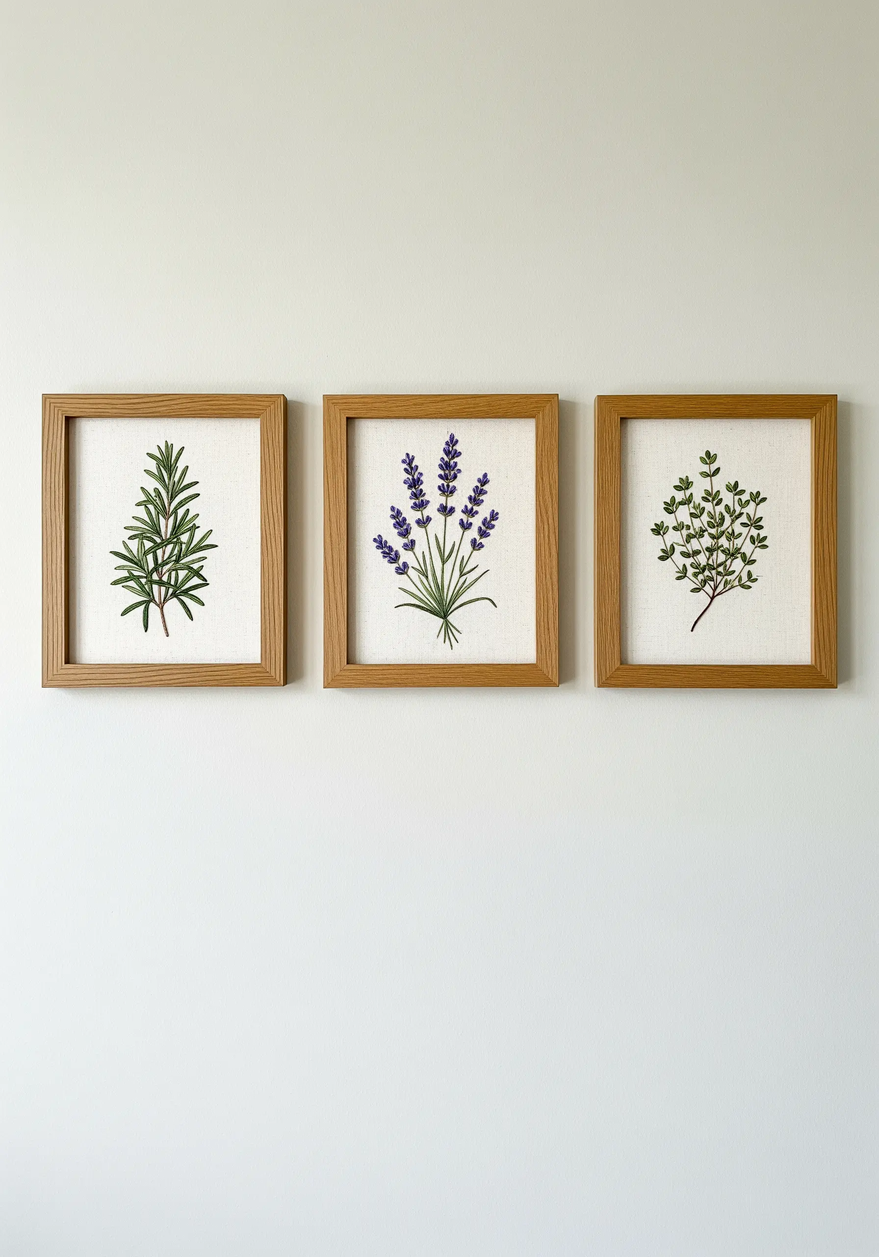 A set of three matching wooden frames, each containing a simple embroidery of an herb.