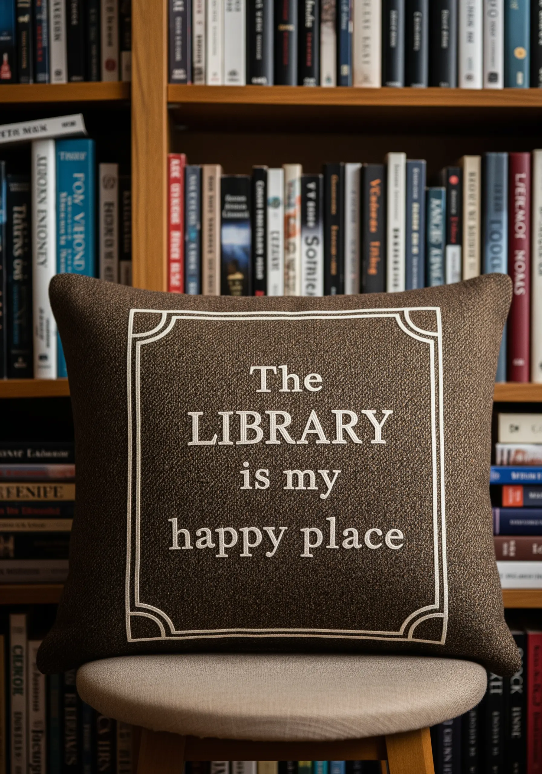 Simple quote in a sans-serif font framed by a stitched double border on a brown textured pillow.