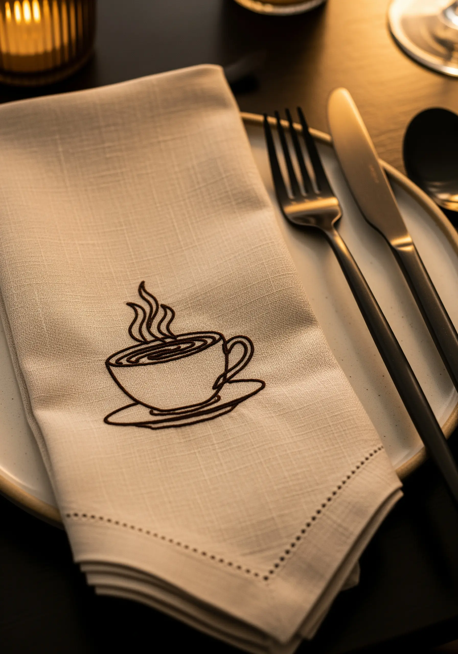 A coffee cup motif outlined in dark thread on a light linen napkin.