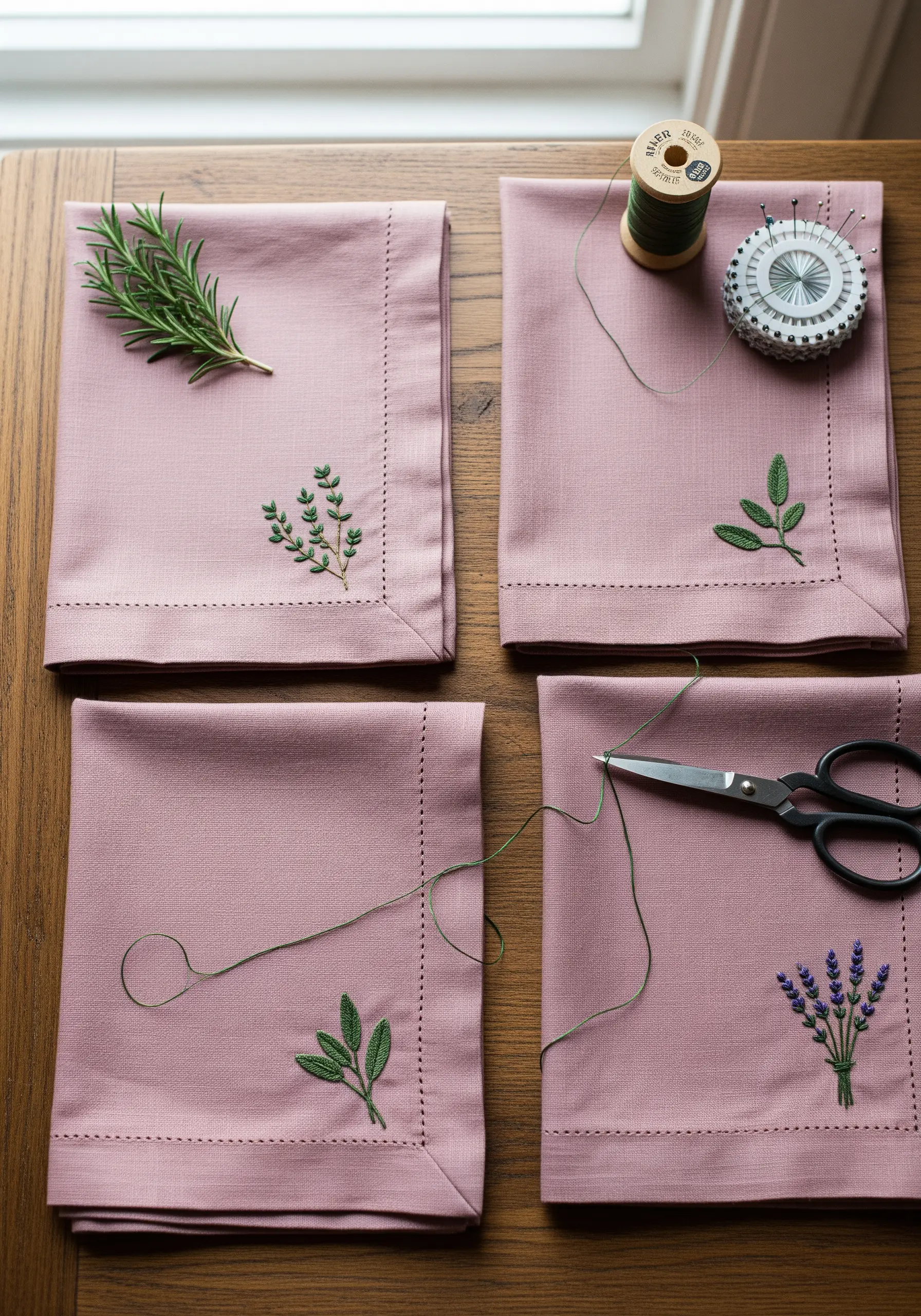 Four dusty rose napkins, each embroidered with a different green herb.