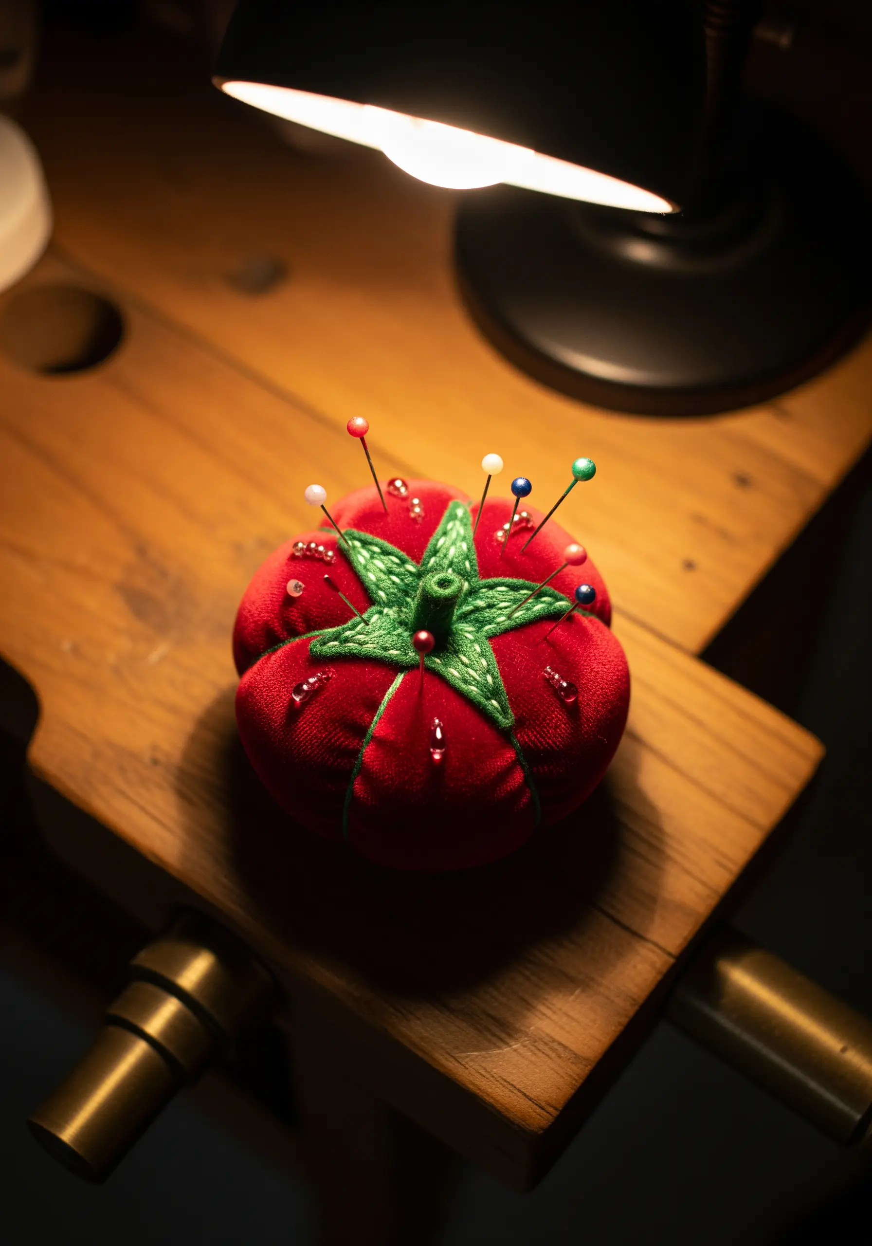 A classic tomato pincushion made of red velvet with embroidered green leaves and decorative pins.