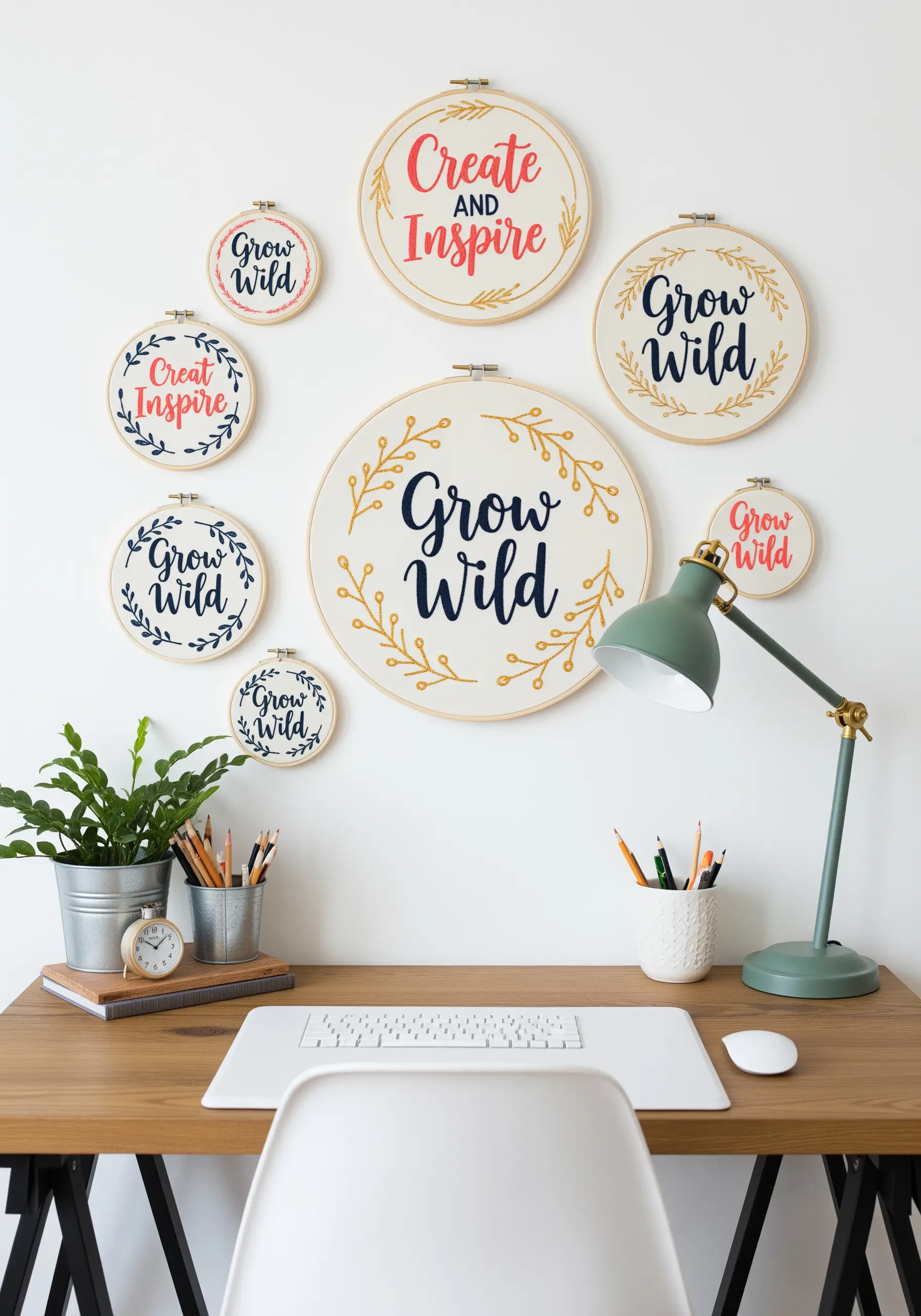 A gallery wall of embroidery hoops with inspirational quotes like 'Grow Wild' and 'Create and Inspire'.
