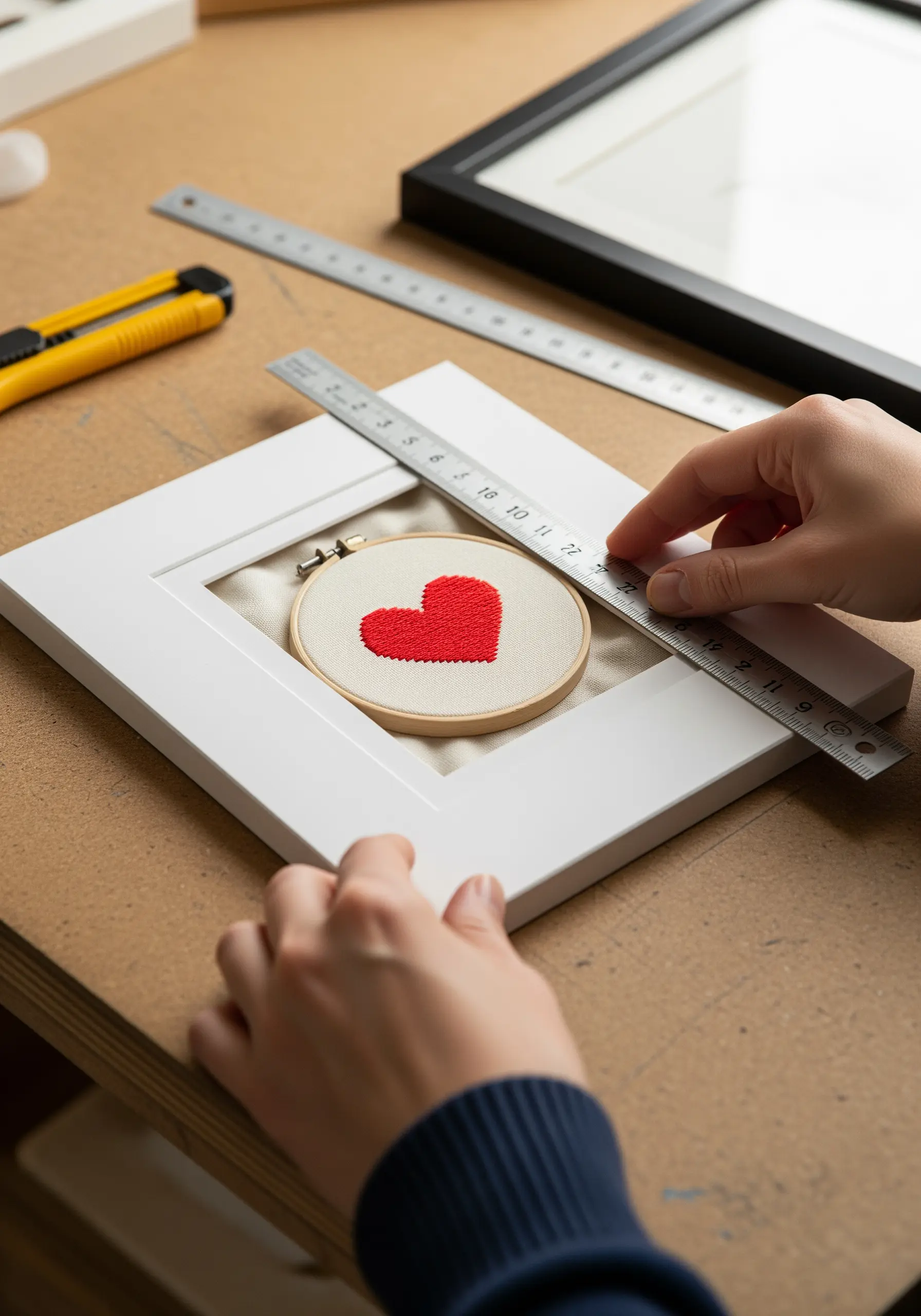 A small embroidery hoop with a red heart being fitted into a white frame.