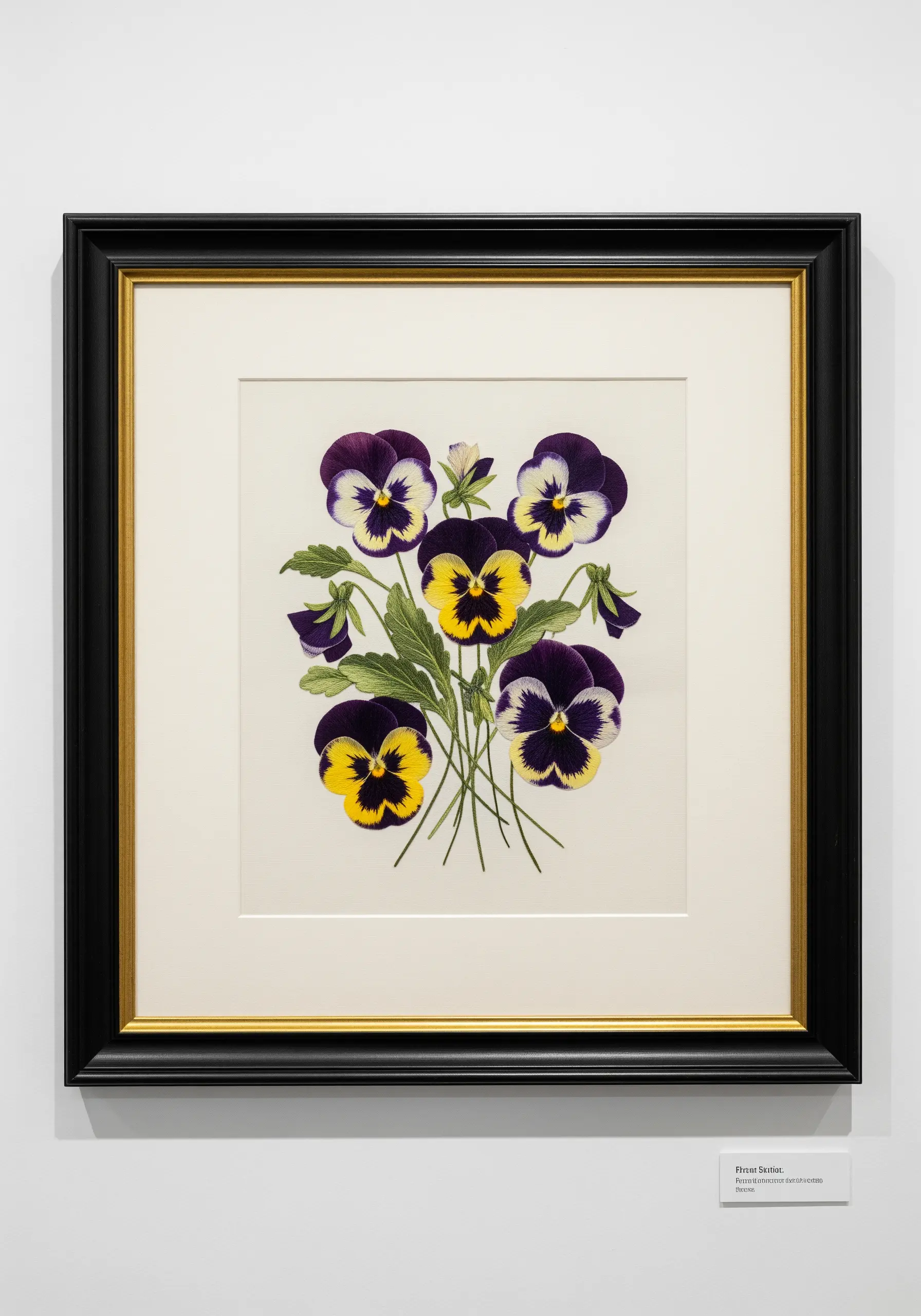 A framed piece of embroidery featuring a bouquet of purple and yellow pansies.