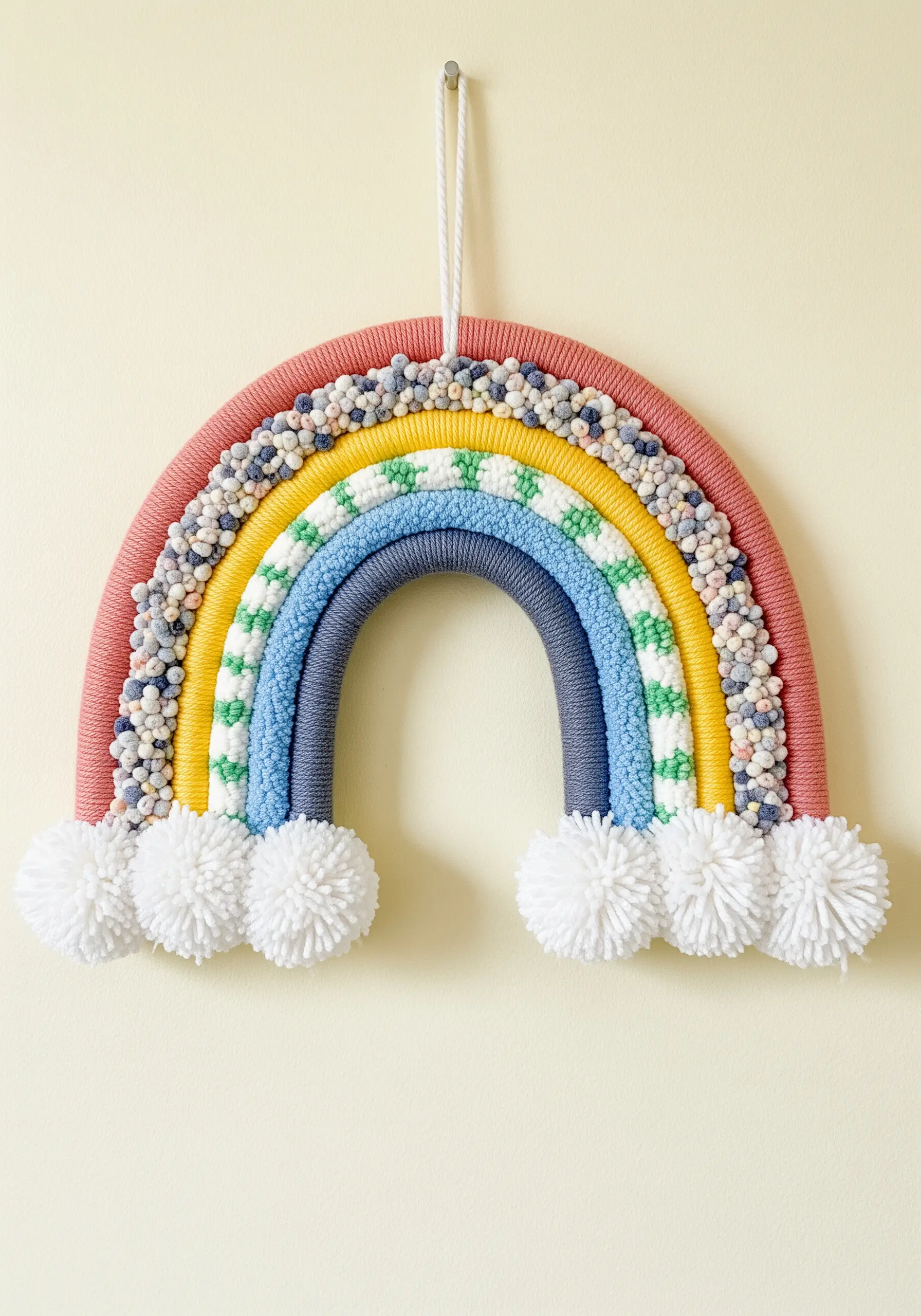 A wrapped rainbow wall hanging decorated with yarn, pom-poms, and textured beads.