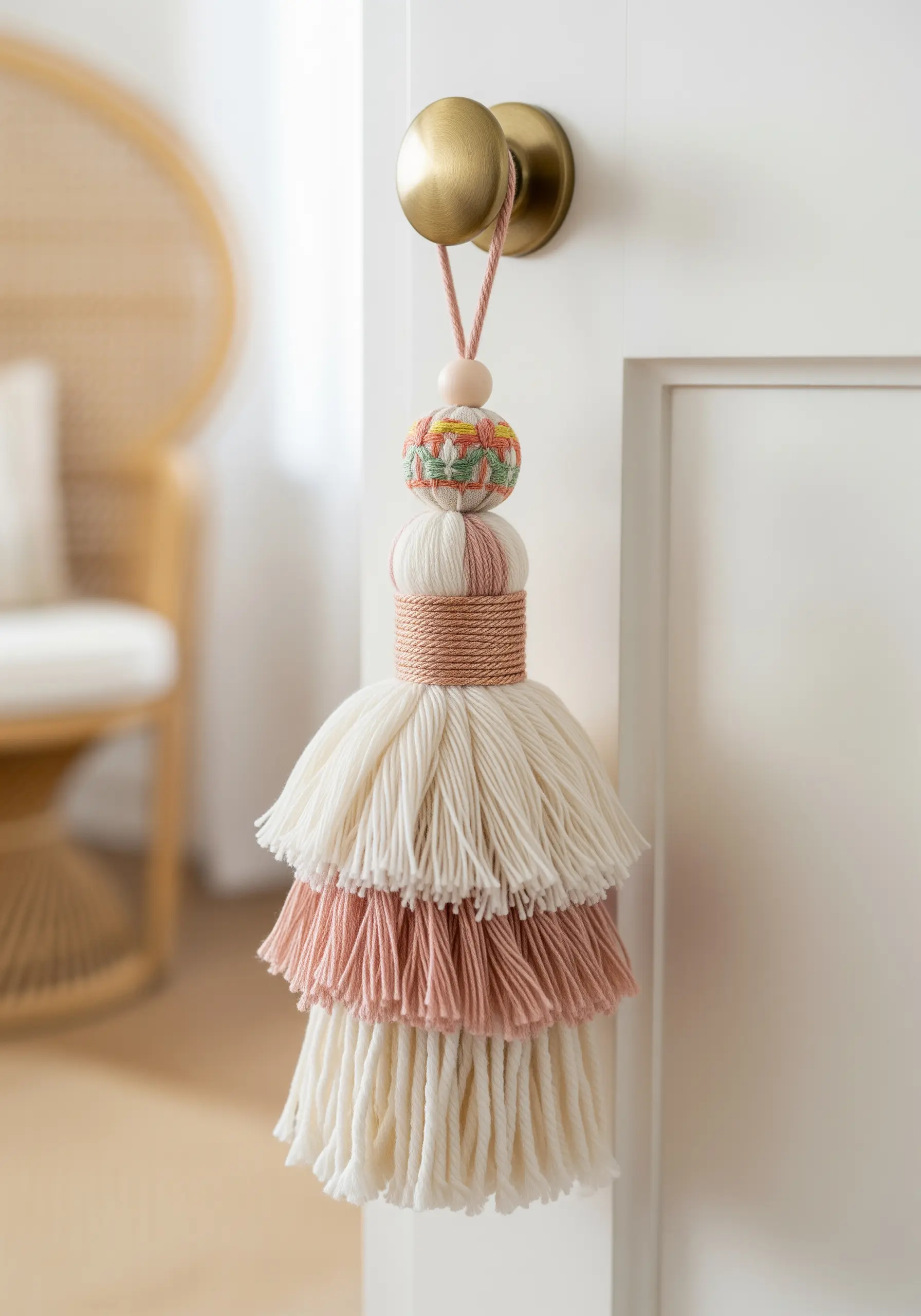 Yarn tassel door hanger with embroidered geometric band detail