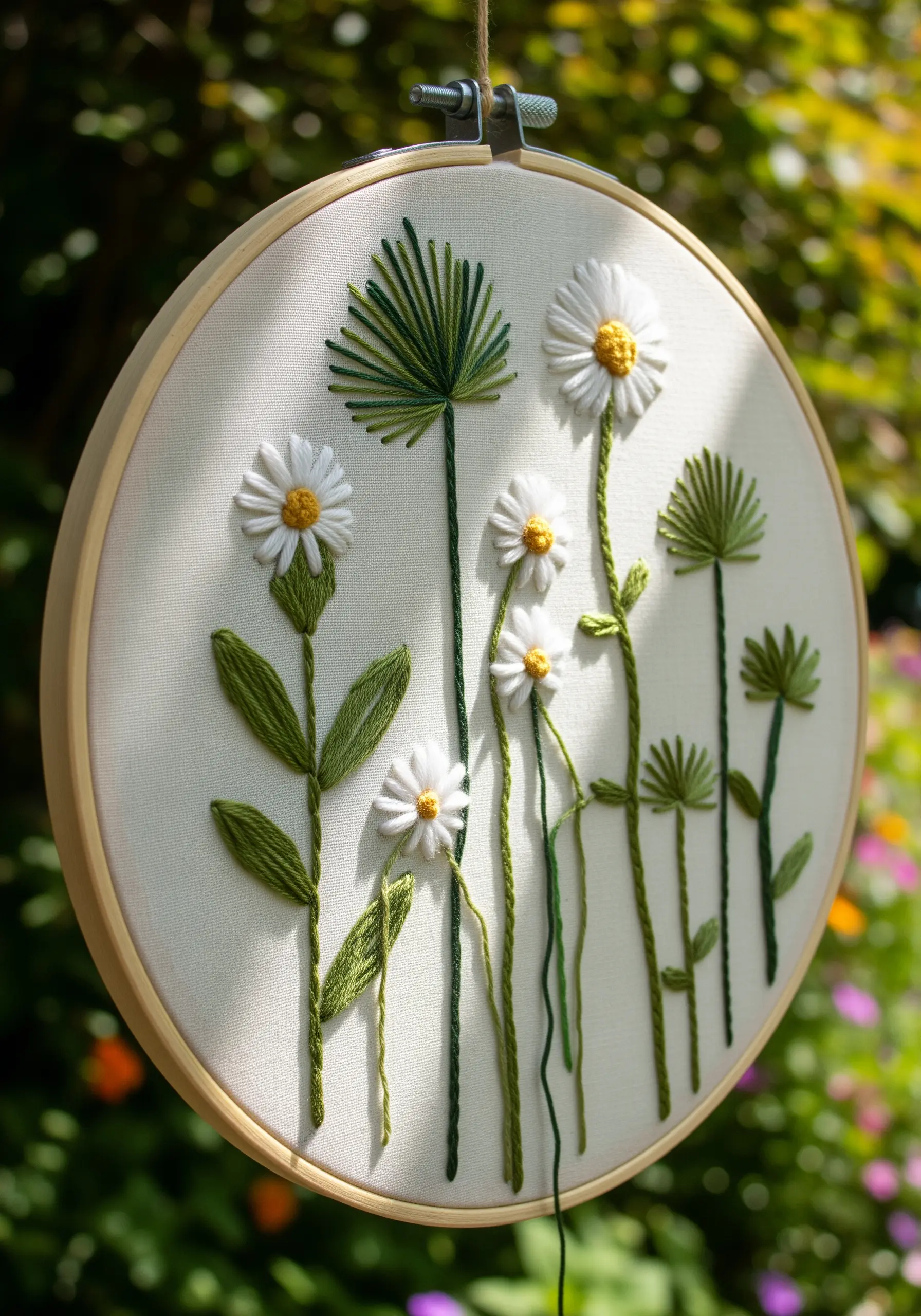 Tall daisy embroidery with elongated green stems on white canvas