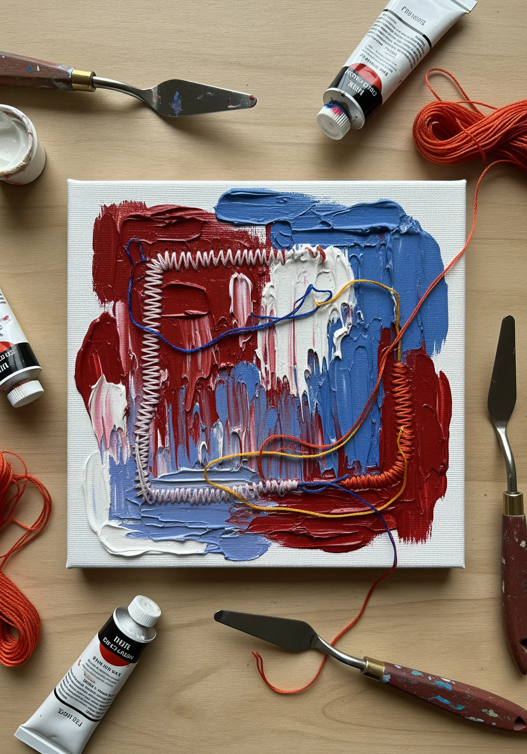 An abstract painting with thick red, white, and blue impasto paint, with threads embedded in it.
