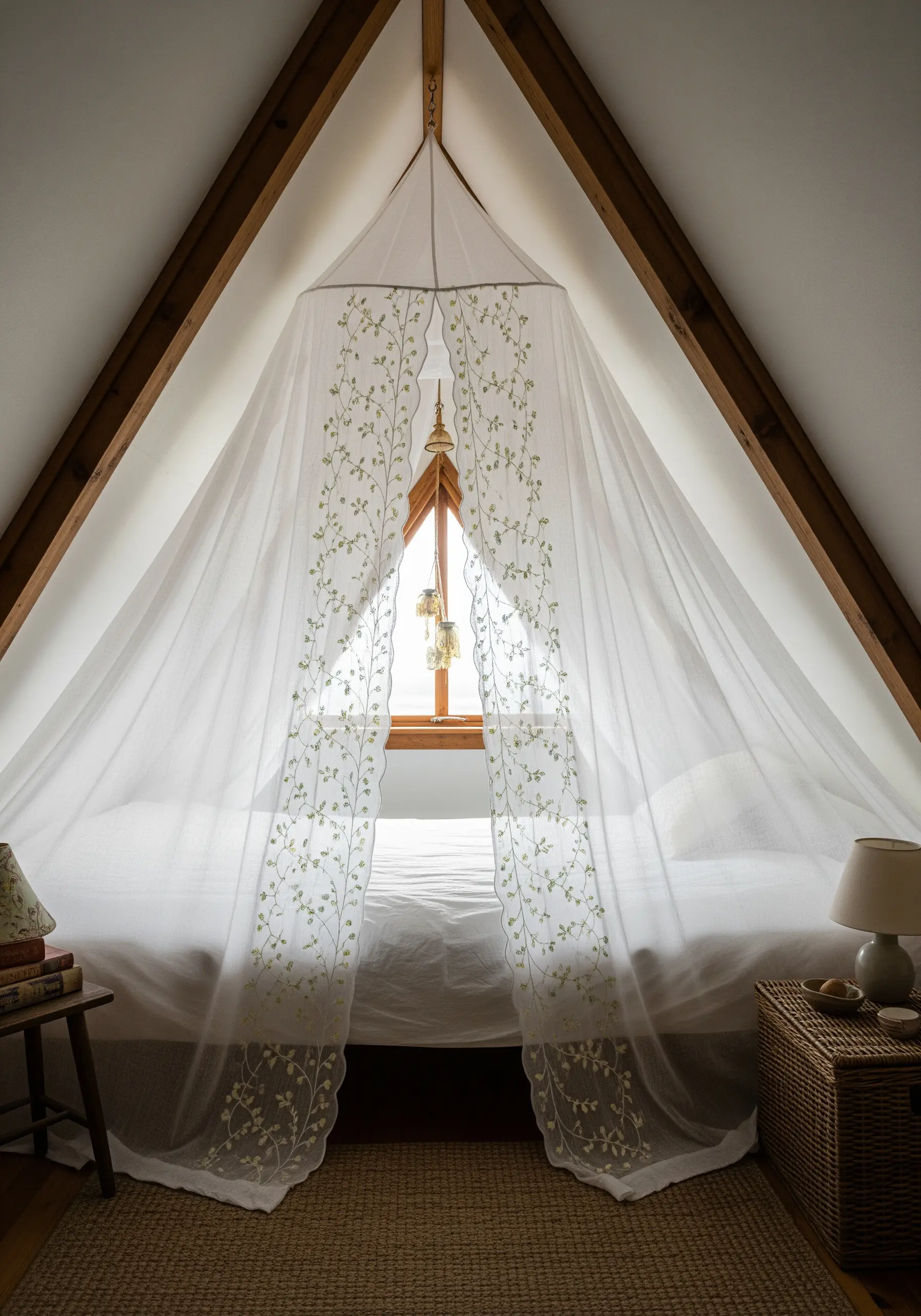 A sheer white bed canopy with delicate green embroidered vines along the edges.