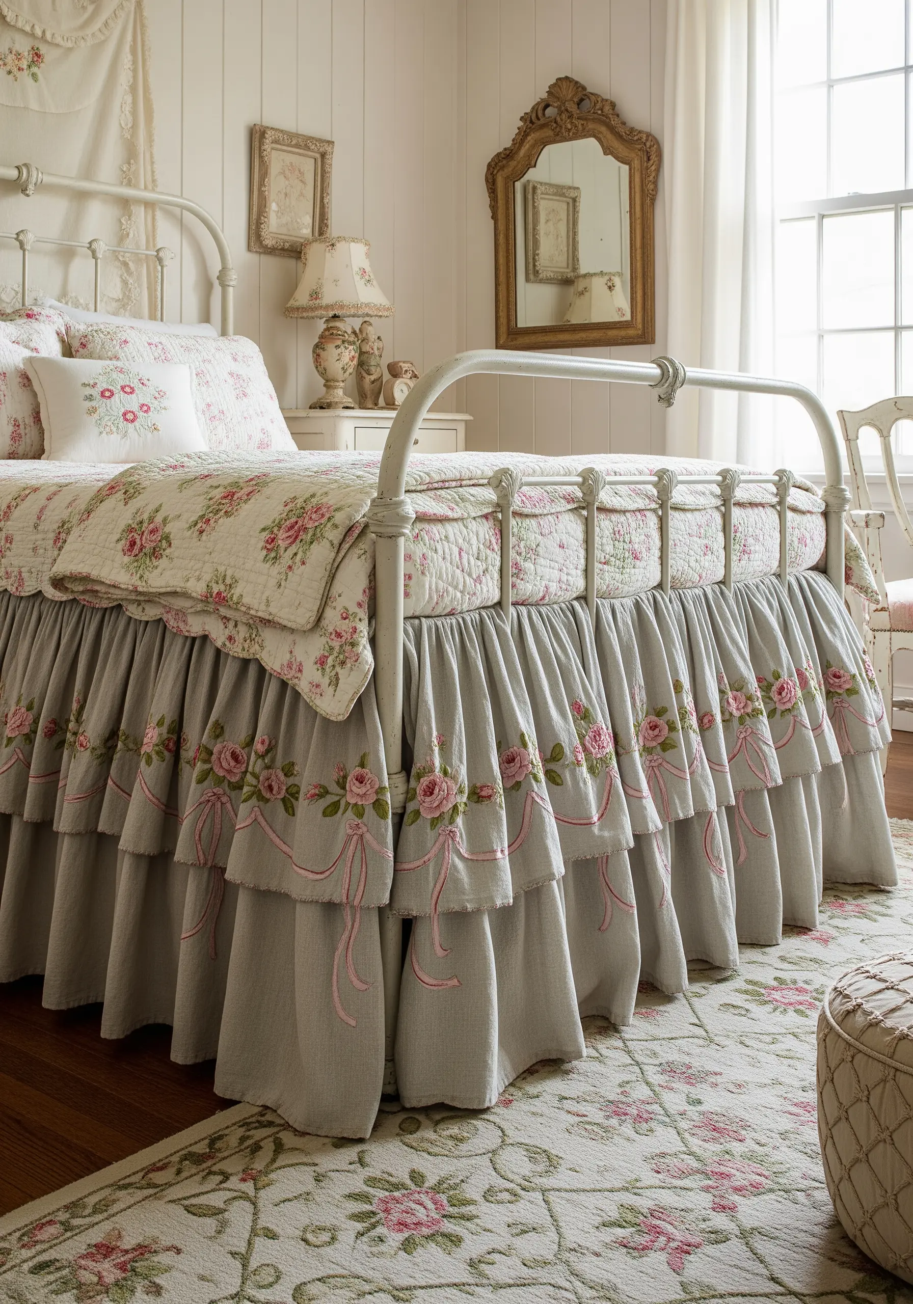 A gray ruffled bed skirt decorated with a border of delicate pink embroidered ribbon roses and bows.