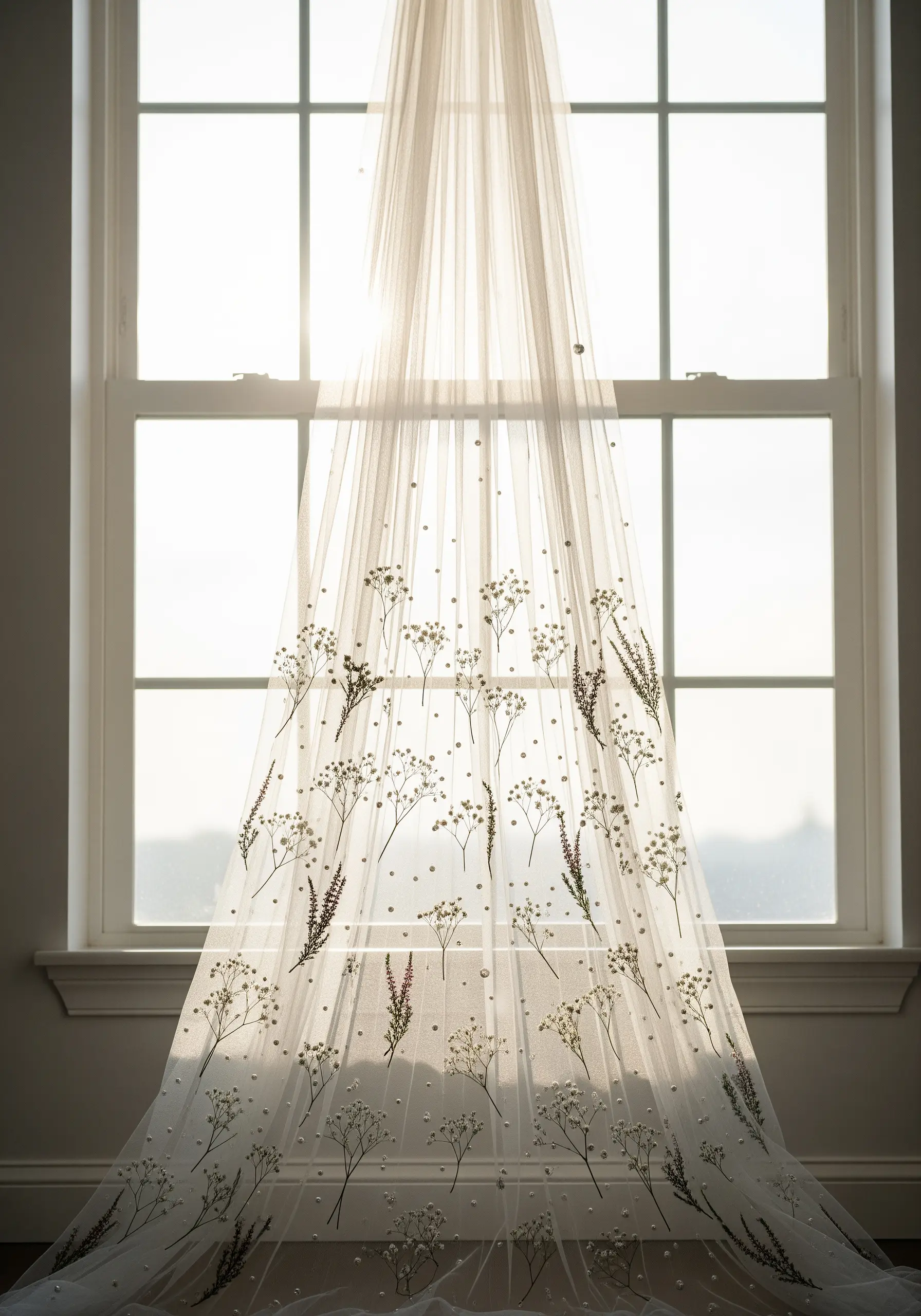 A sheer bridal veil decorated with scattered pressed baby's breath and tiny pearls.