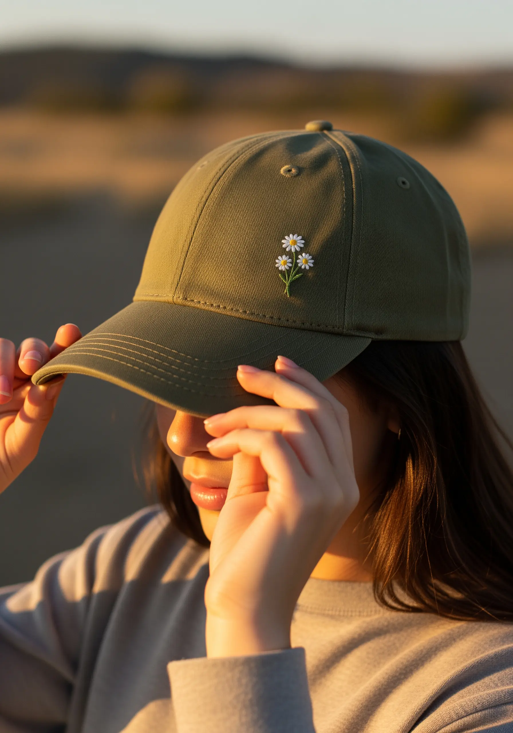 A small bouquet of three daisies embroidered on the front of an olive green baseball cap.