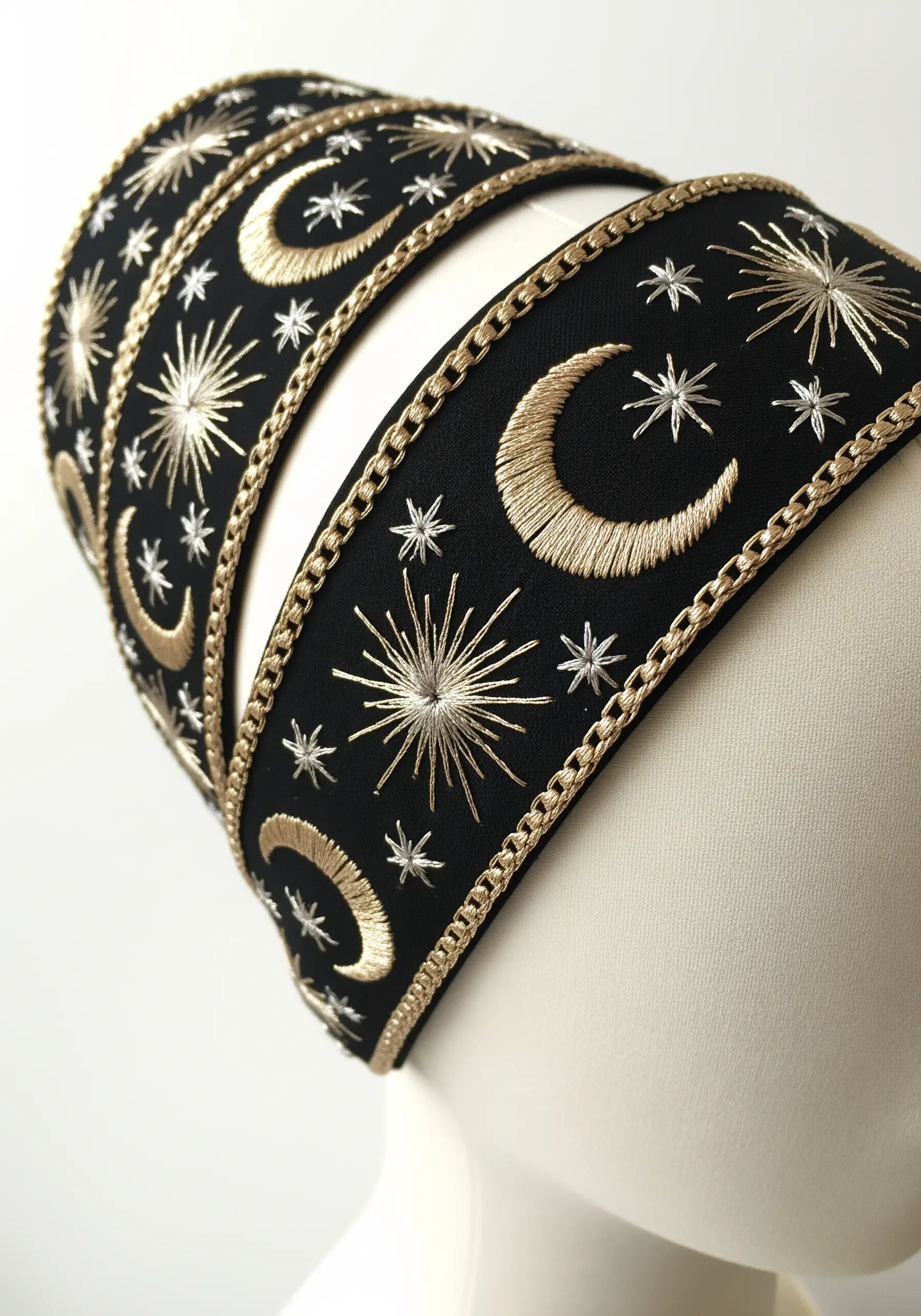 A black headband embellished with intricately embroidered gold and silver moons and stars.