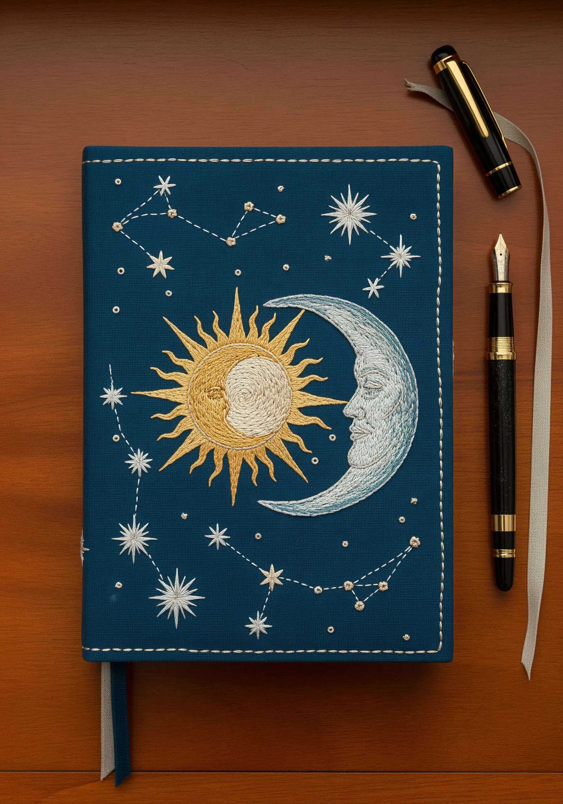 A dark blue journal cover embroidered with a detailed sun, crescent moon, and constellations.