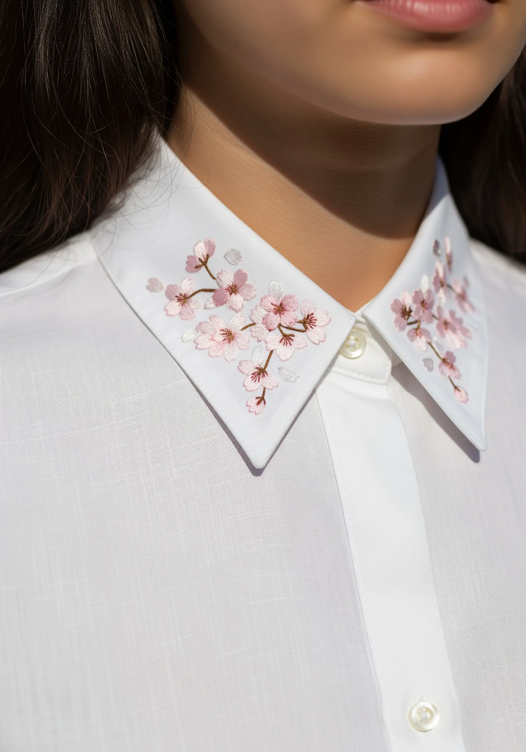 Delicate pink cherry blossoms embroidered symmetrically on the collar of a white shirt.