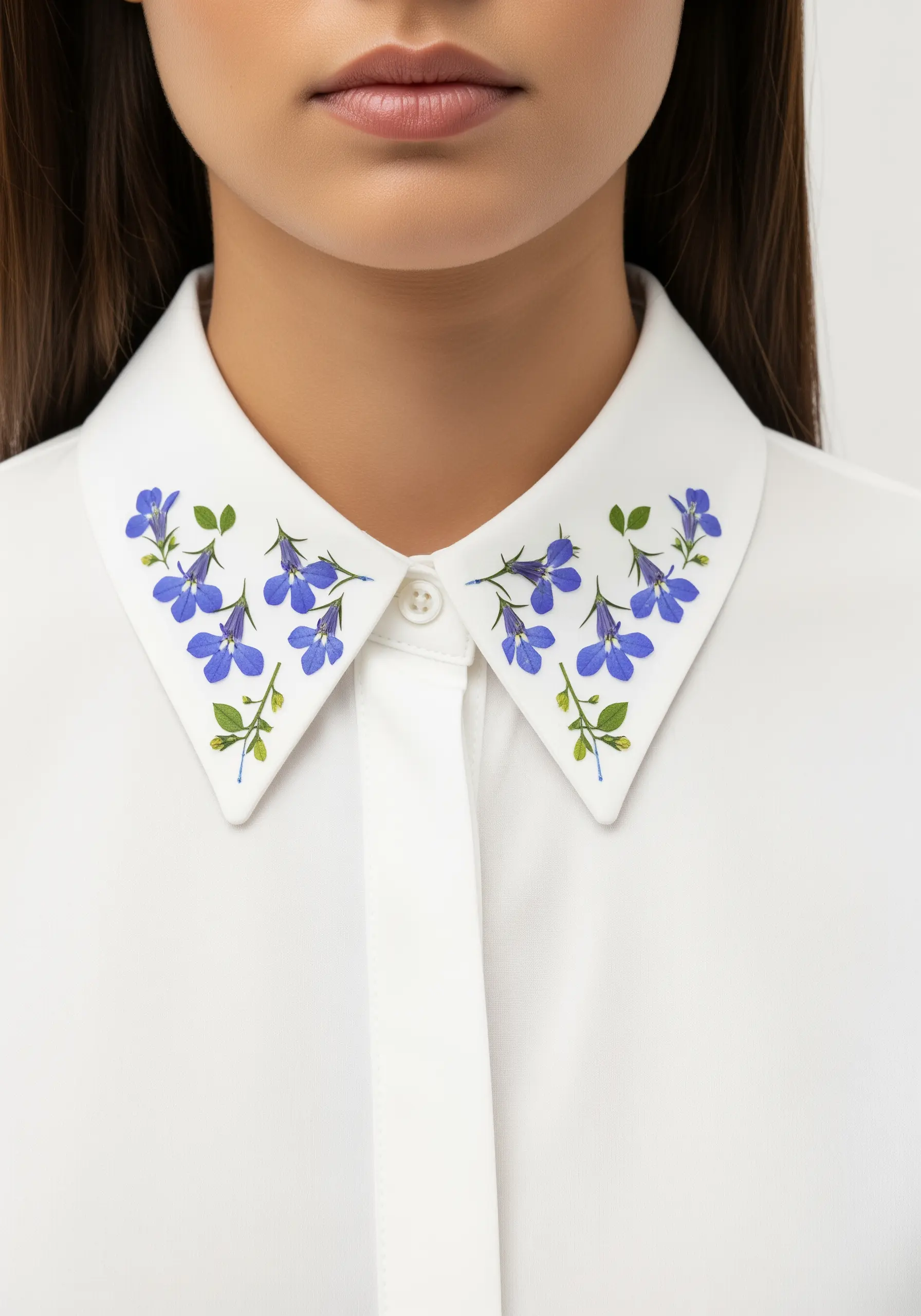 Symmetrical blue floral embroidery mimicking pressed flowers on the collar of a white shirt.