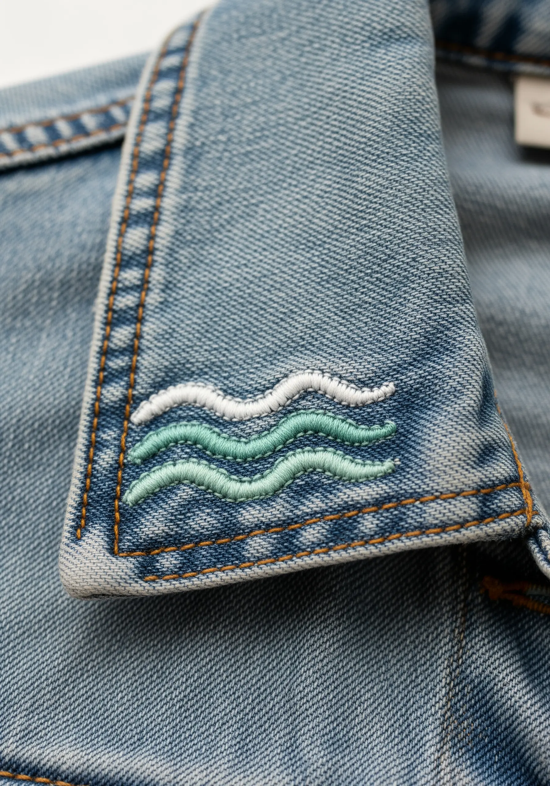 Three minimalist waves stitched in shades of green and white on a denim jacket collar.