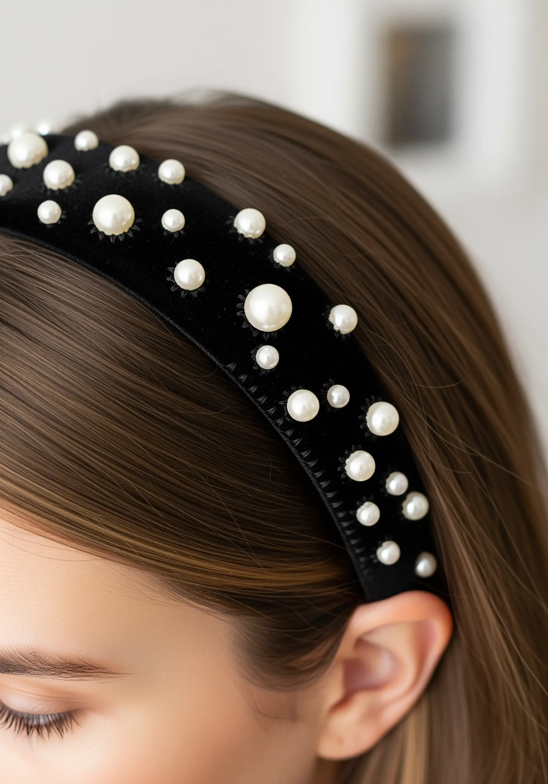 A black velvet headband embellished with a scattering of different-sized white pearls.
