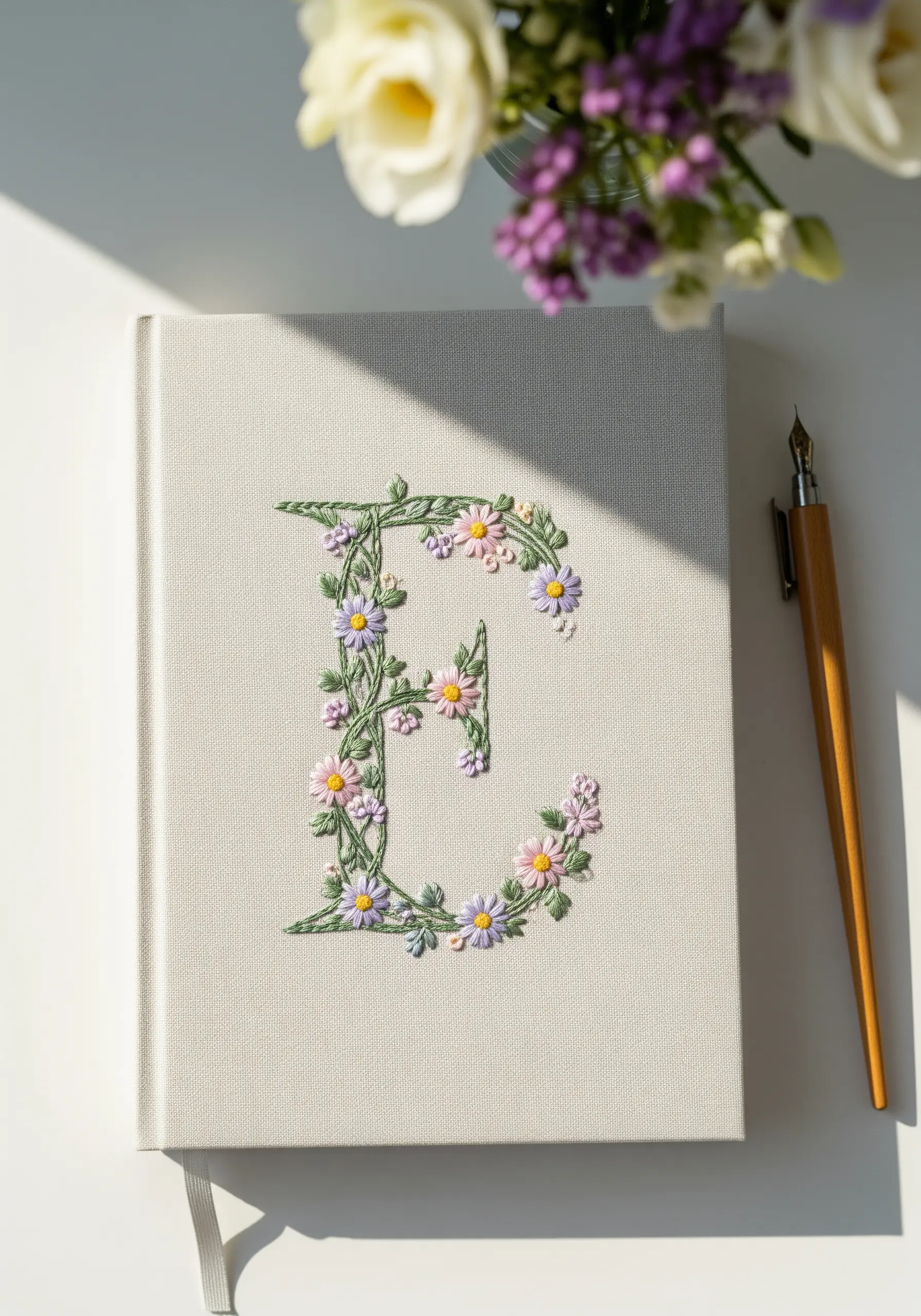 Floral monogram 'E' embroidered on the cover of a linen journal.