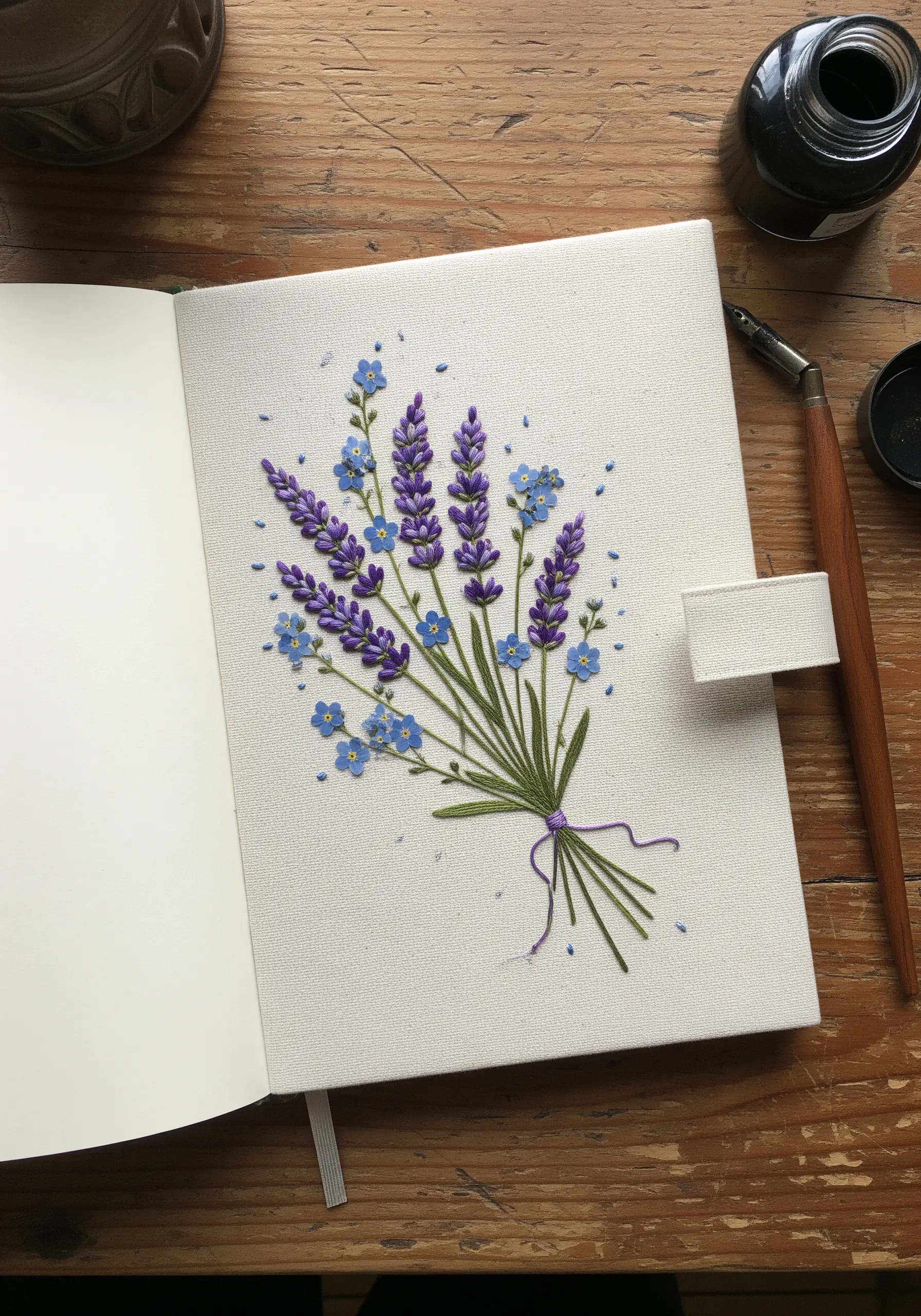 Embroidered lavender and forget-me-not bouquet on the cover of a white journal.