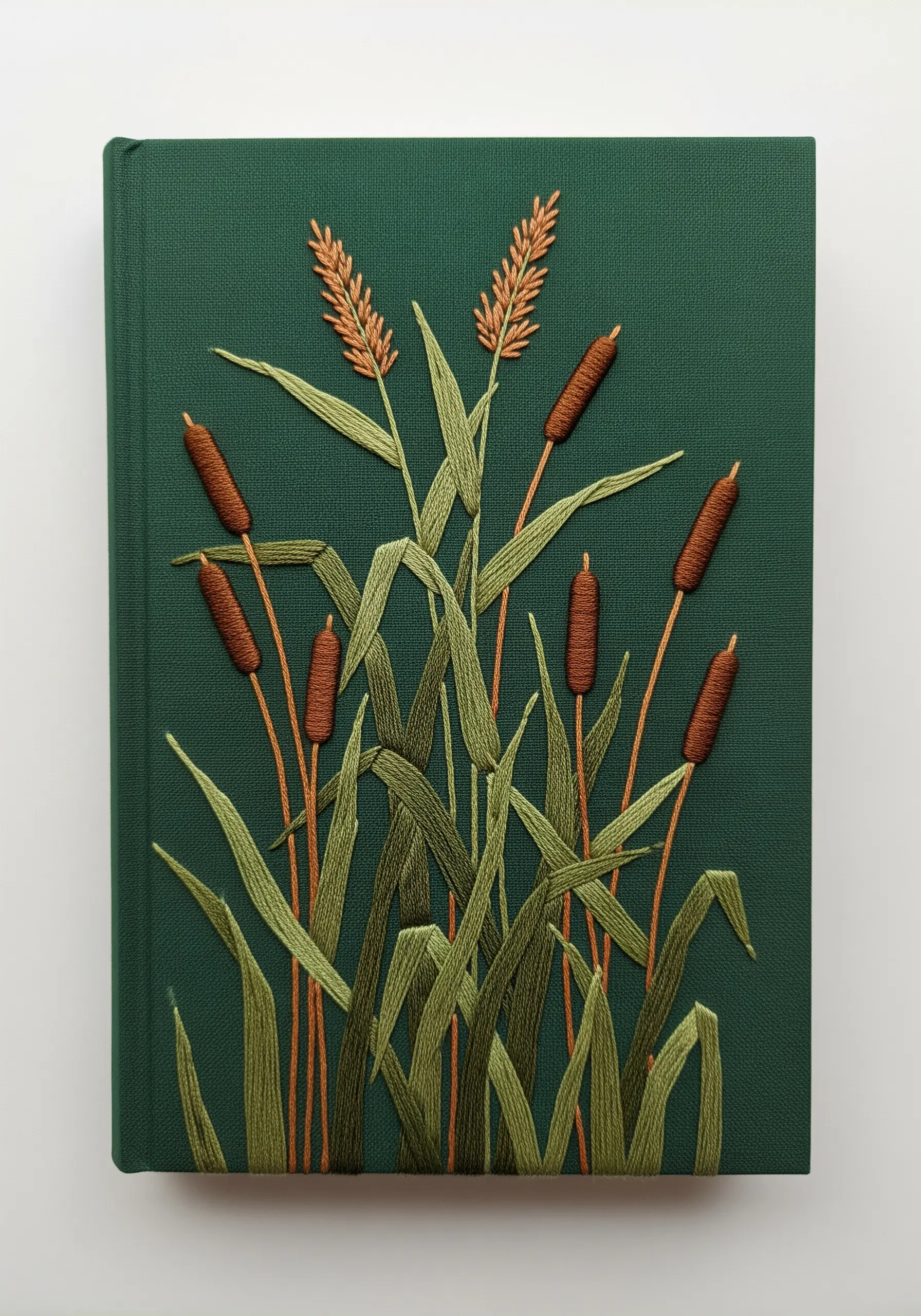 Cattails and reeds with overlapping stems embroidered directly onto a dark green book cover.