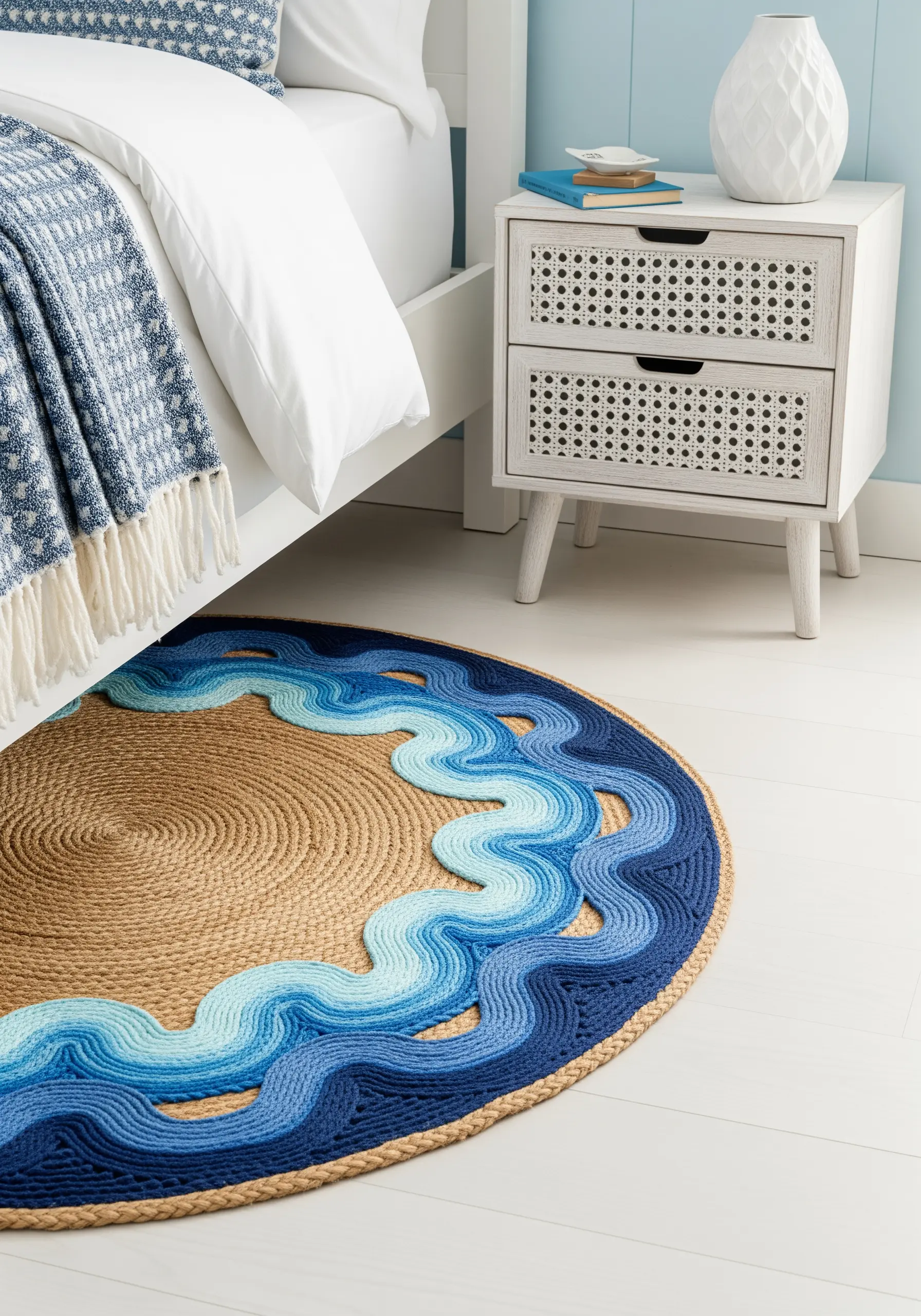 A round jute rug with a wavy, ocean-like border created with shades of blue yarn.