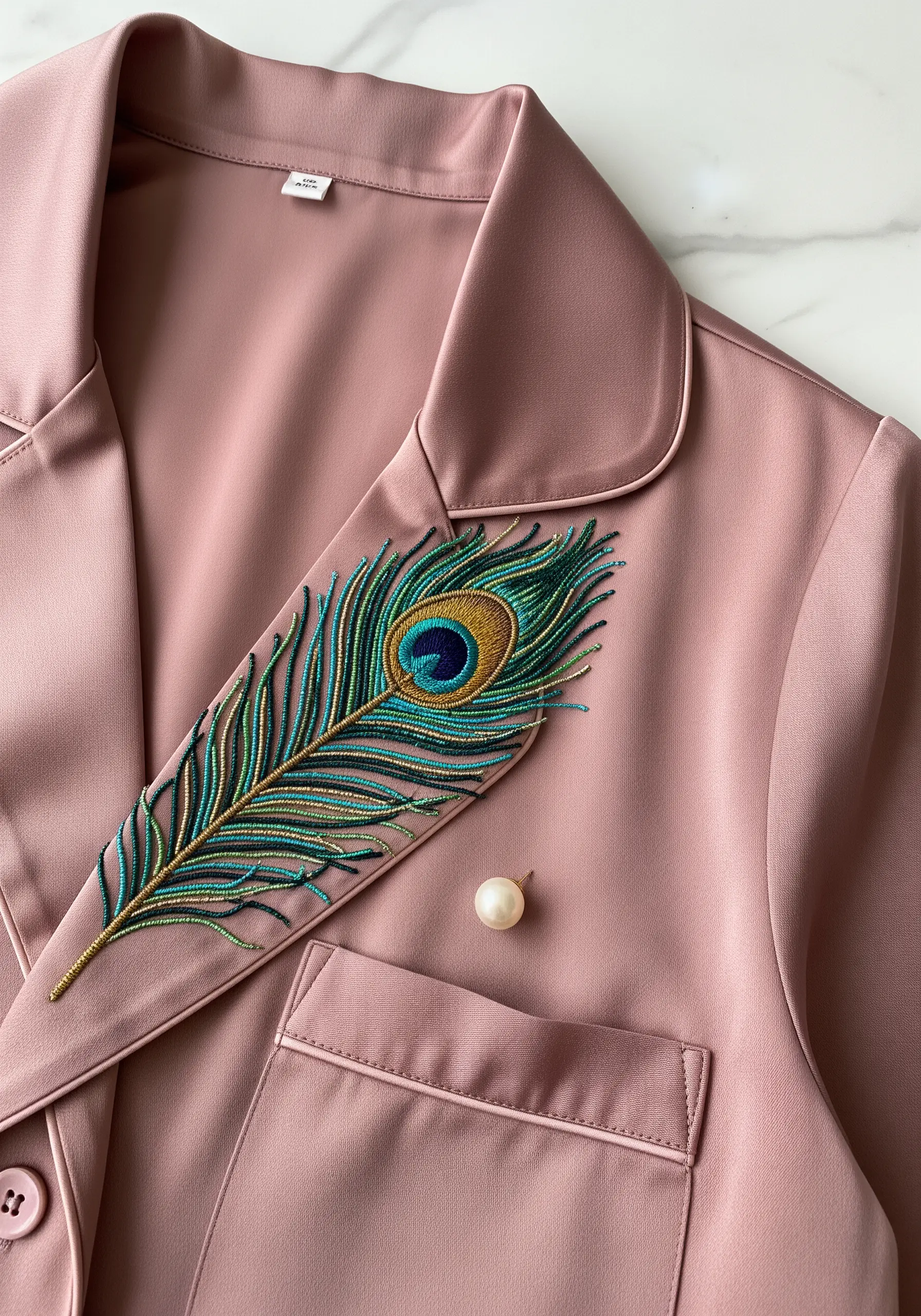 An intricately embroidered peacock feather with iridescent colors on the lapel of a pink silk pajama top.