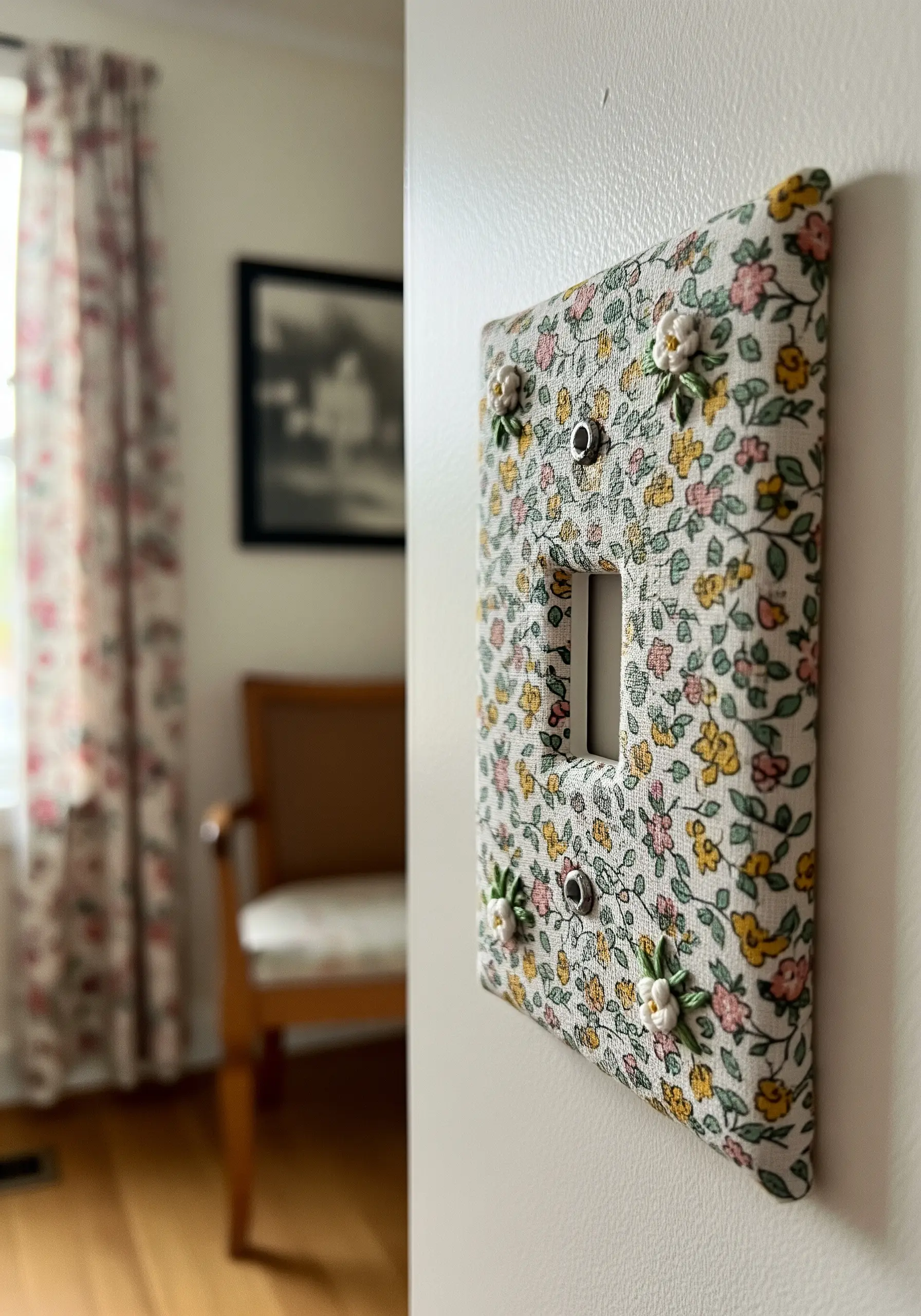 A light switch cover wrapped in floral fabric and embellished with tiny embroidered French knots.