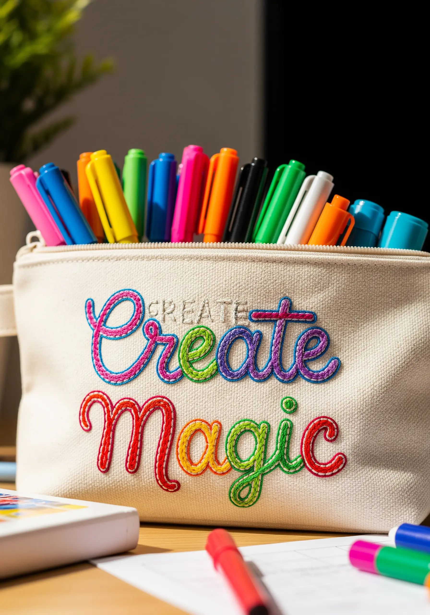 Pencil case with 'Create Magic' embroidered in rainbow variegated thread.