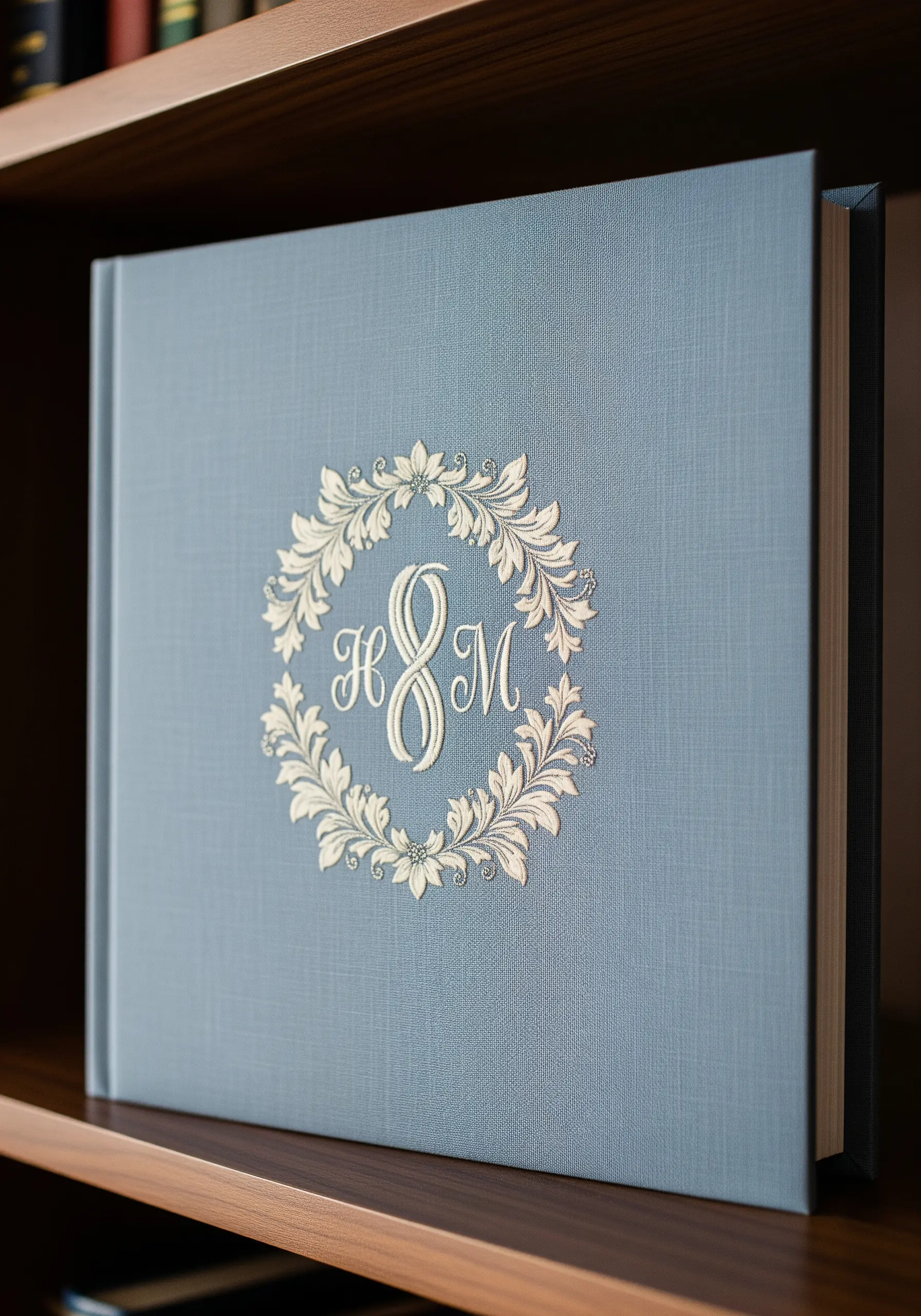 Embroidered interlocking monogram inside a floral wreath on a blue linen photo album.