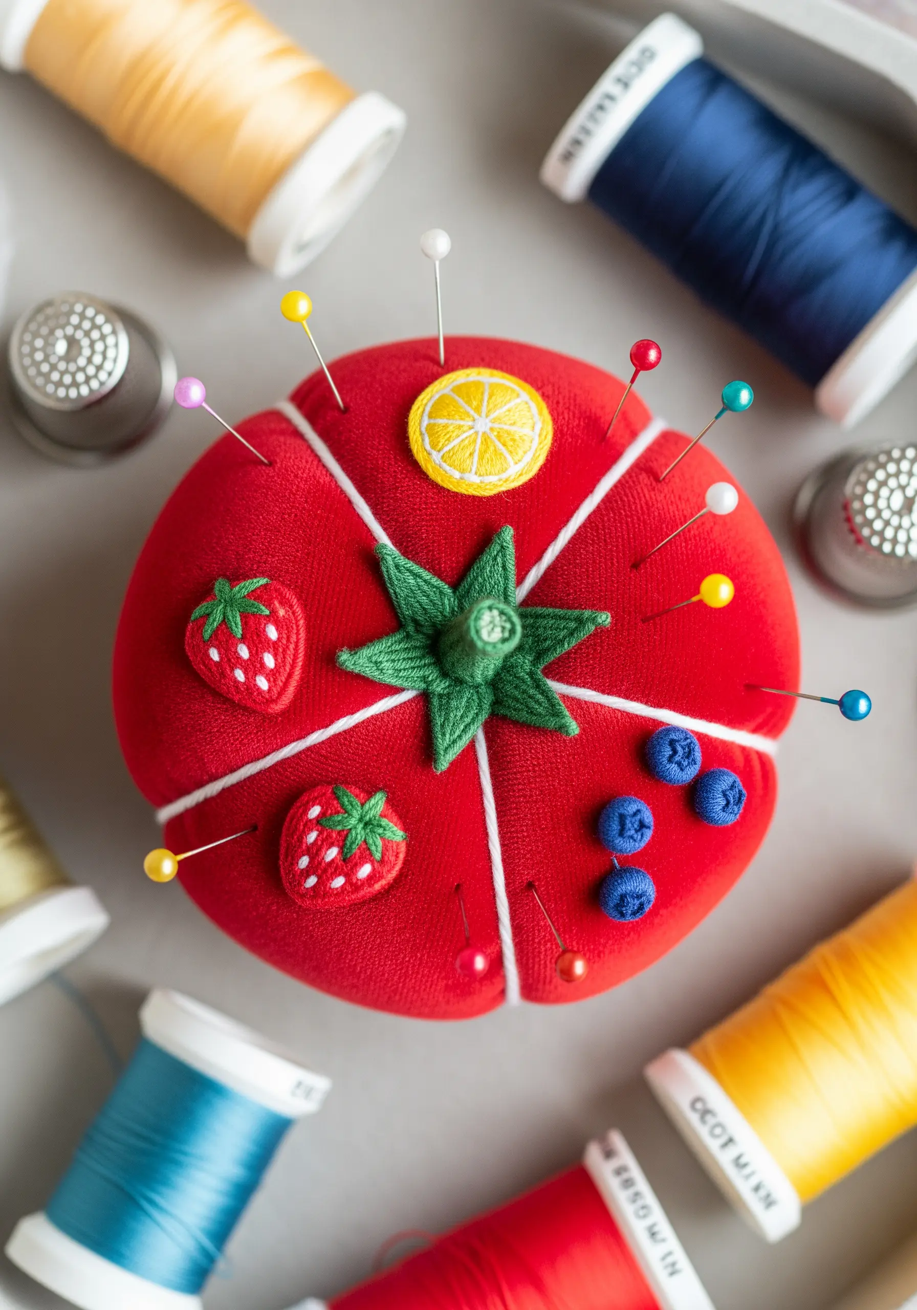 A red tomato pincushion decorated with tiny embroidered strawberries, blueberries, and a lemon slice.