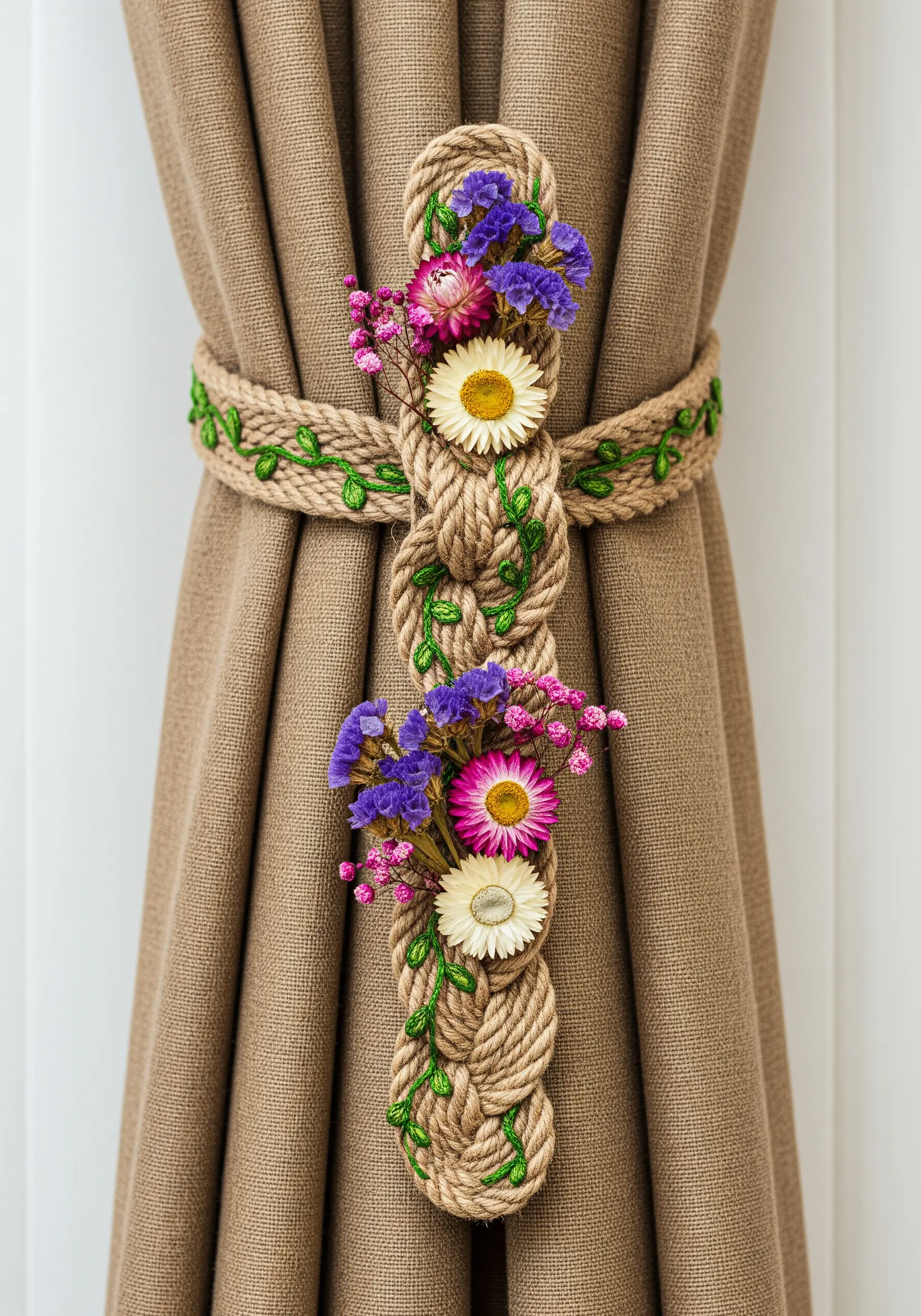 A braided jute rope curtain tie-back embellished with embroidered green vines and dried flowers.