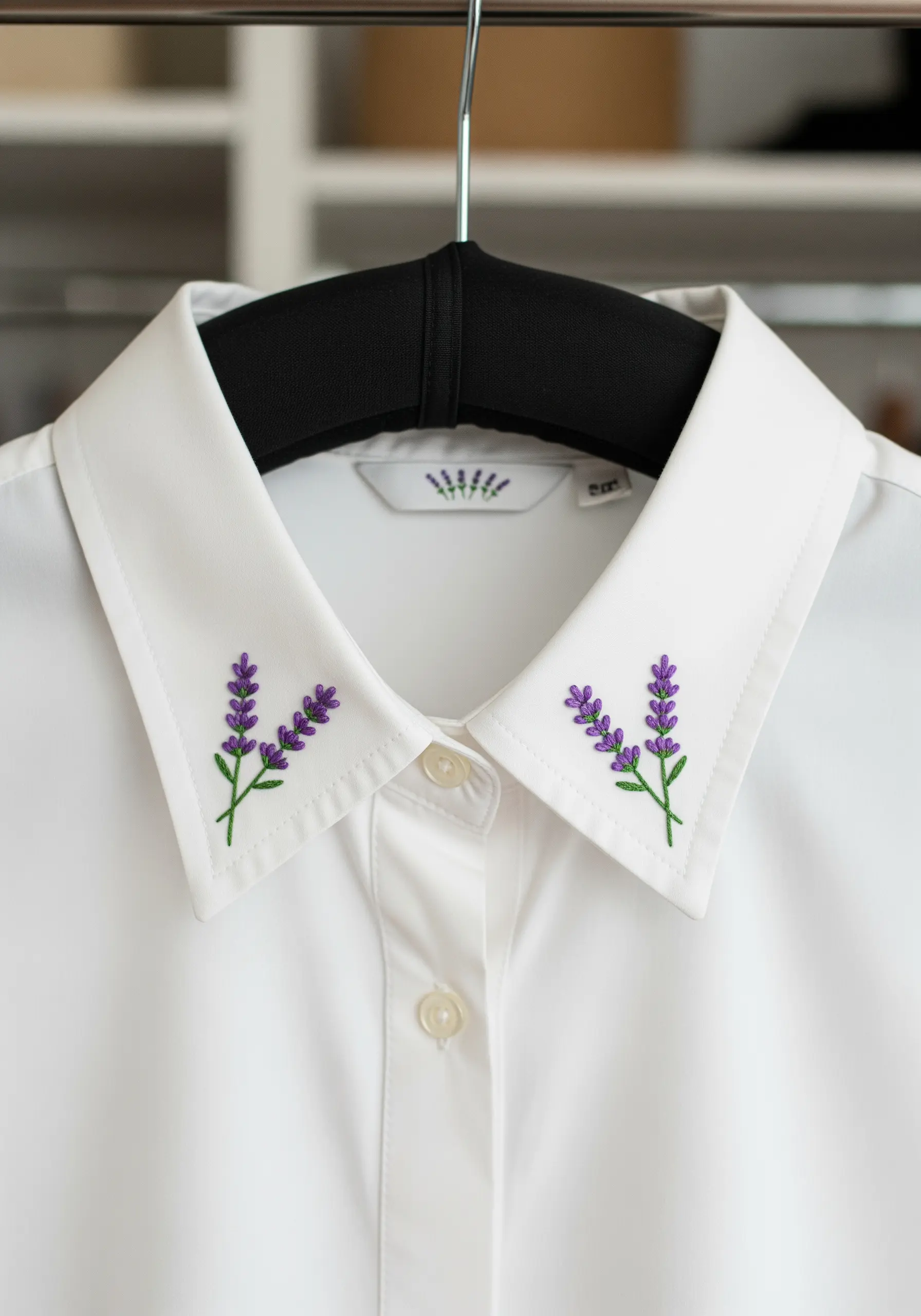 Symmetrical lavender sprigs embroidered on the collar points of a crisp white button-down shirt.